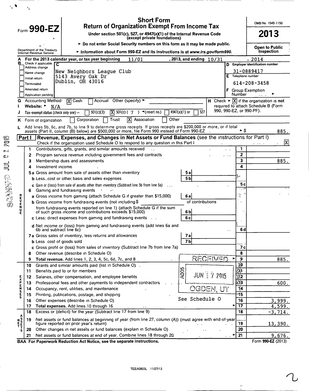 Image of first page of 2013 Form 990EO for New Neighbors League Club