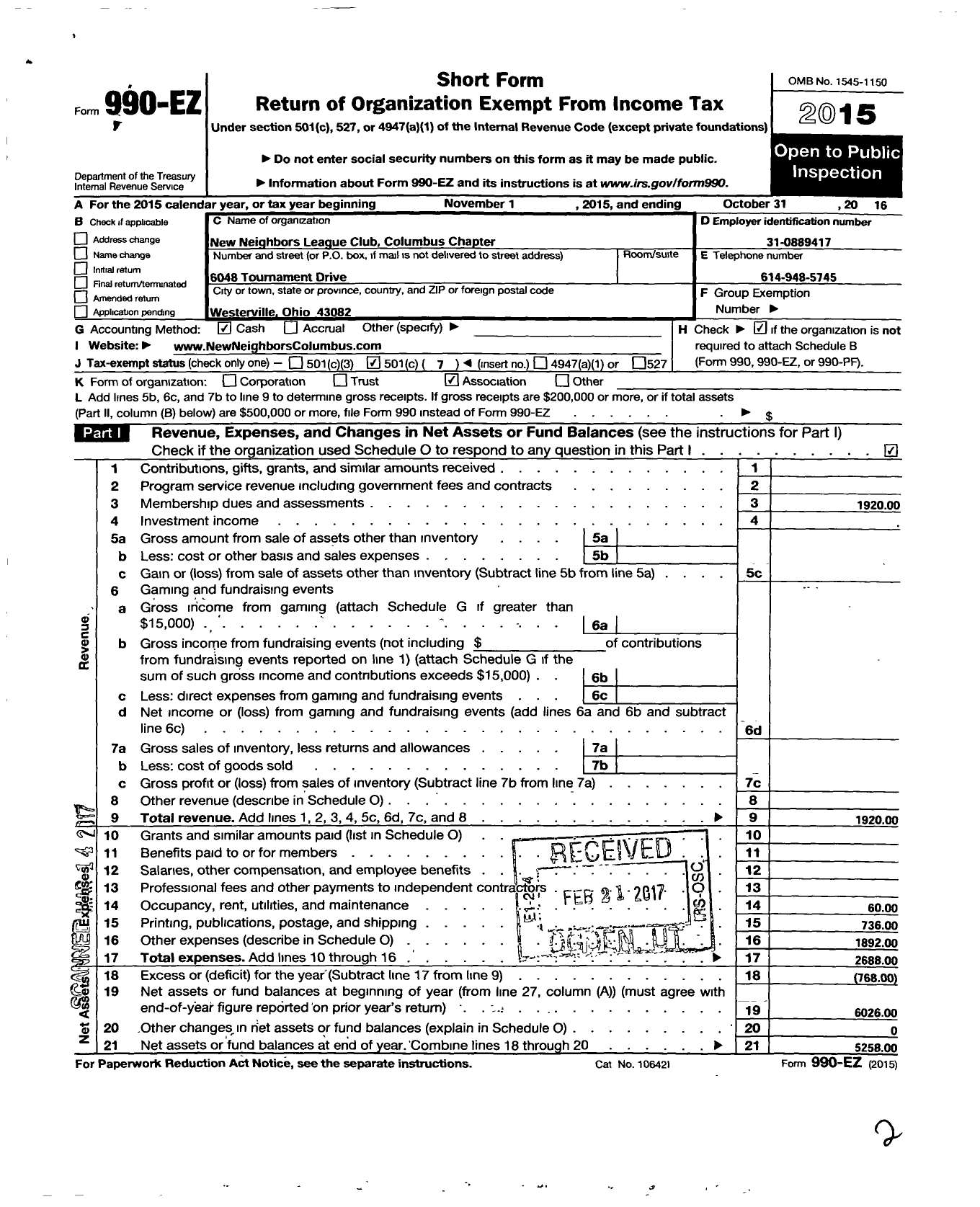 Image of first page of 2015 Form 990EO for New Neighbors League Club