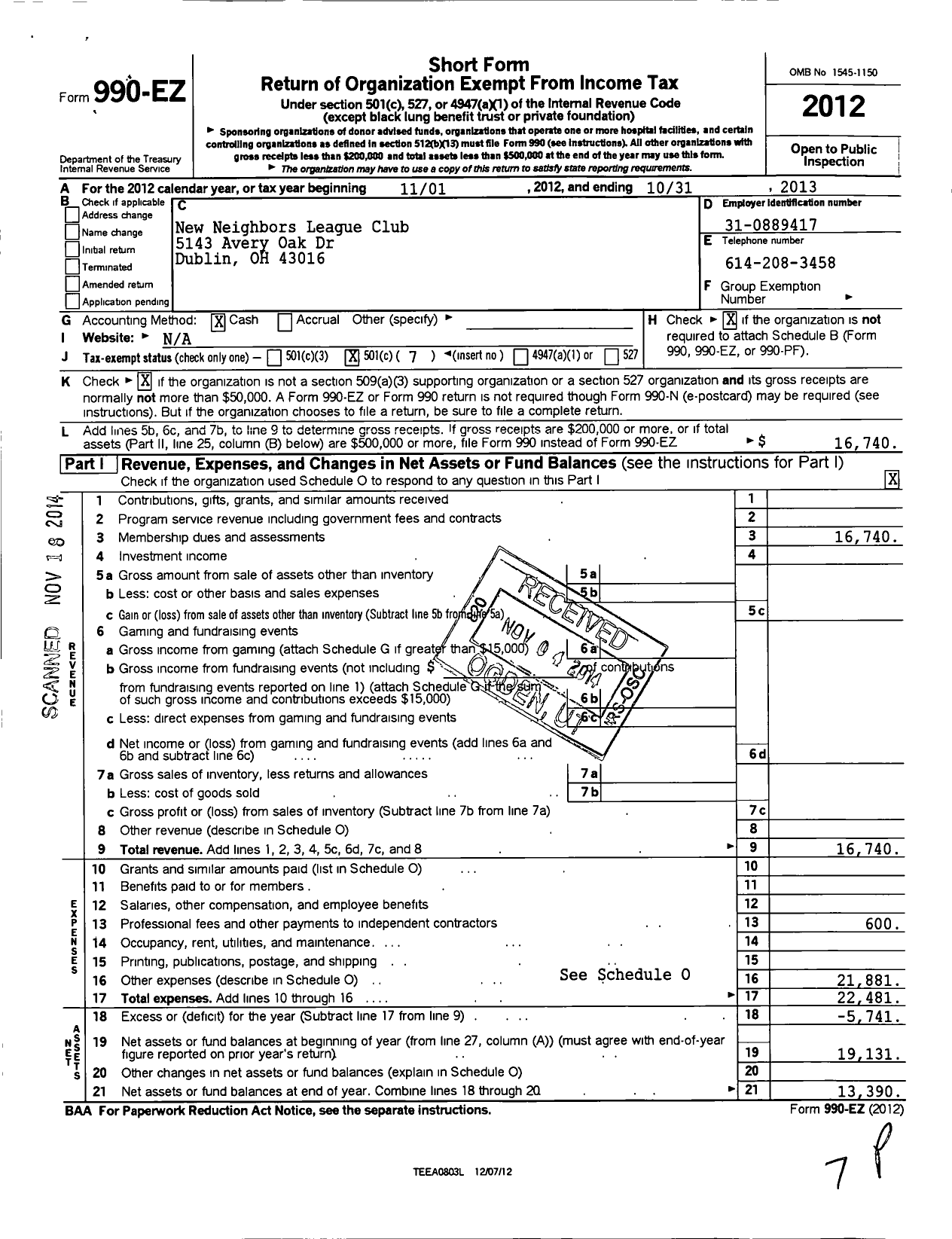 Image of first page of 2012 Form 990EO for New Neighbors League Club