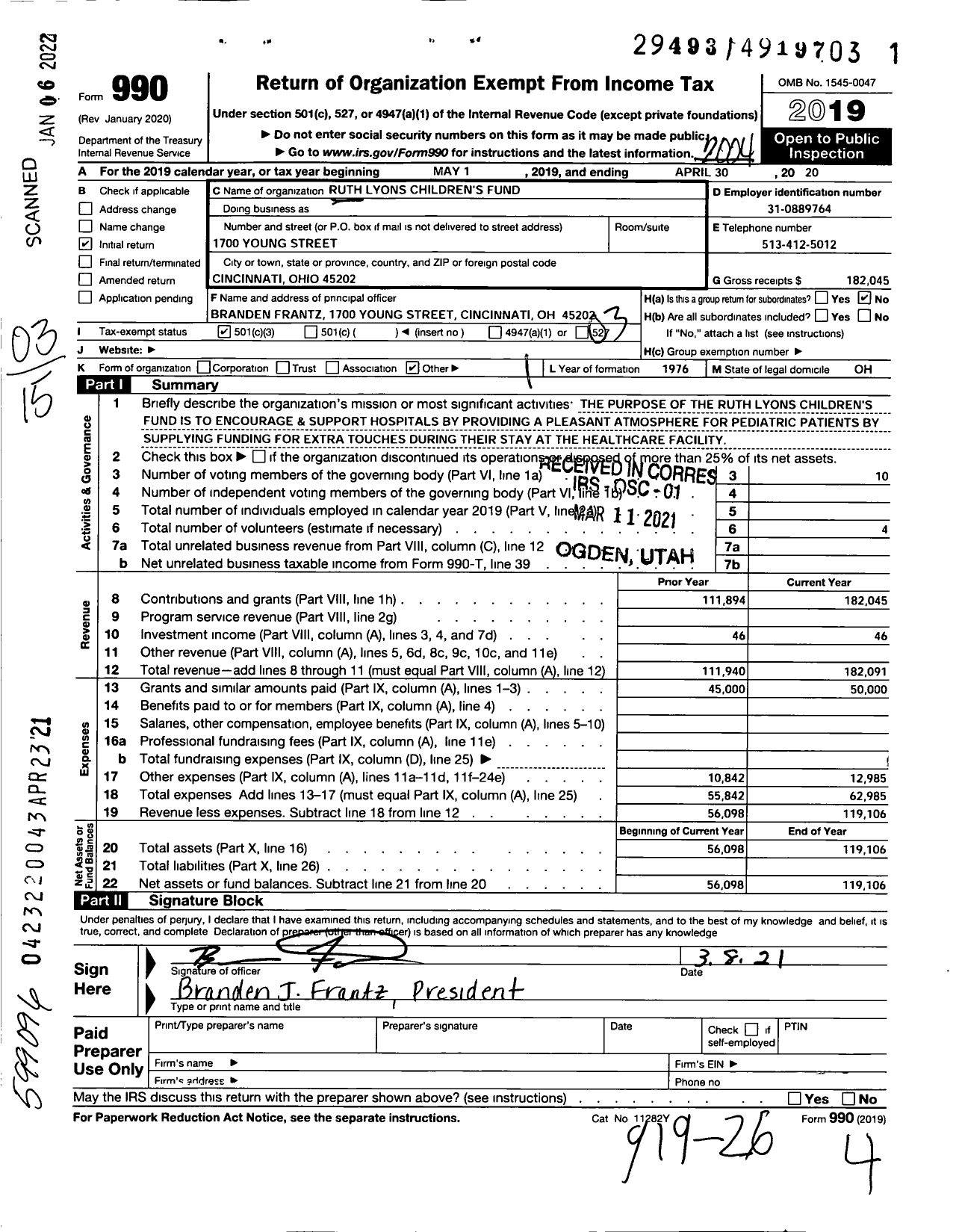Image of first page of 2019 Form 990 for Ruth Lyons Childrens Fund