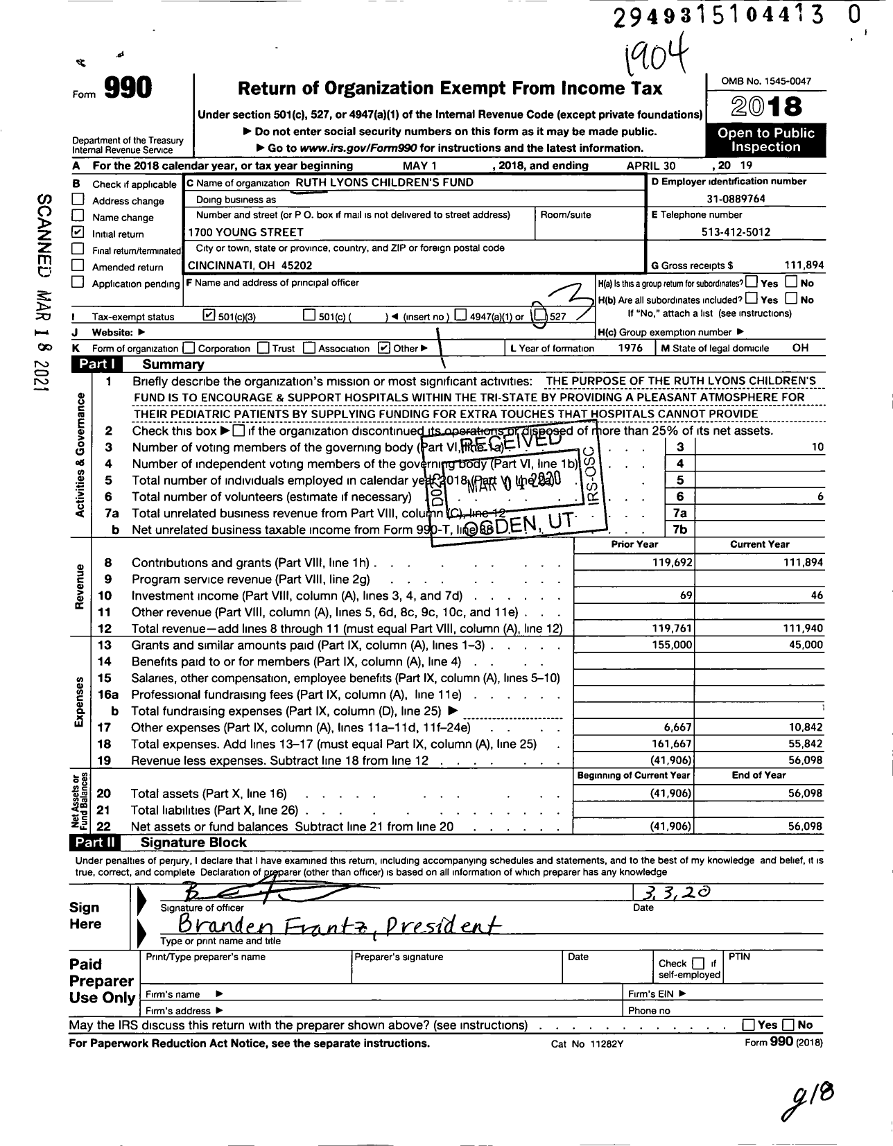 Image of first page of 2018 Form 990 for Ruth Lyons Childrens Fund