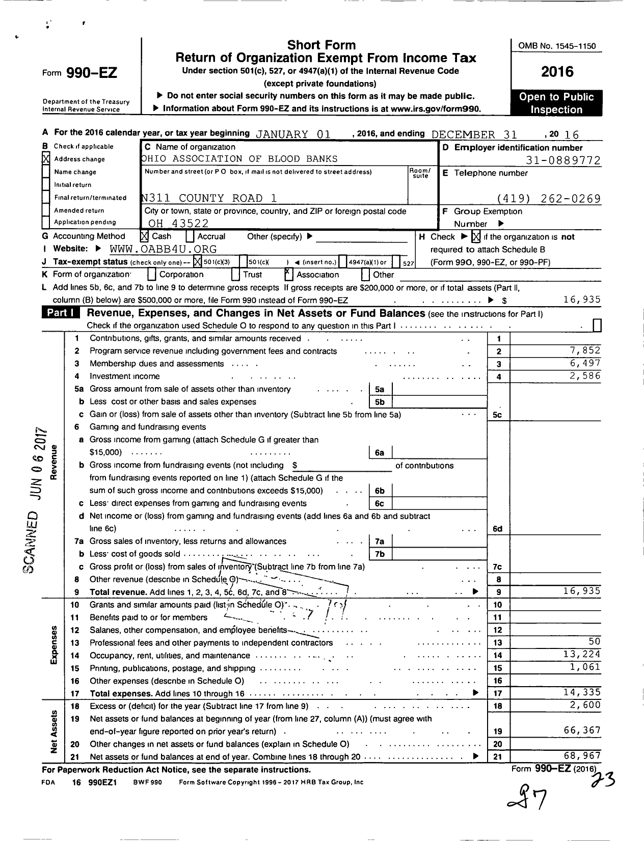 Image of first page of 2016 Form 990EZ for Ohio Association of Blood Banks