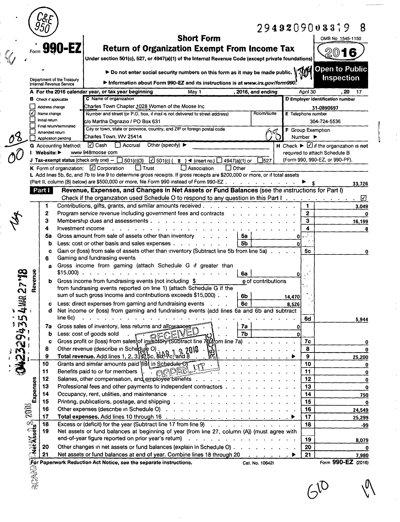 Image of first page of 2016 Form 990EO for Charles Town Chapter 1028 Women of the Moose