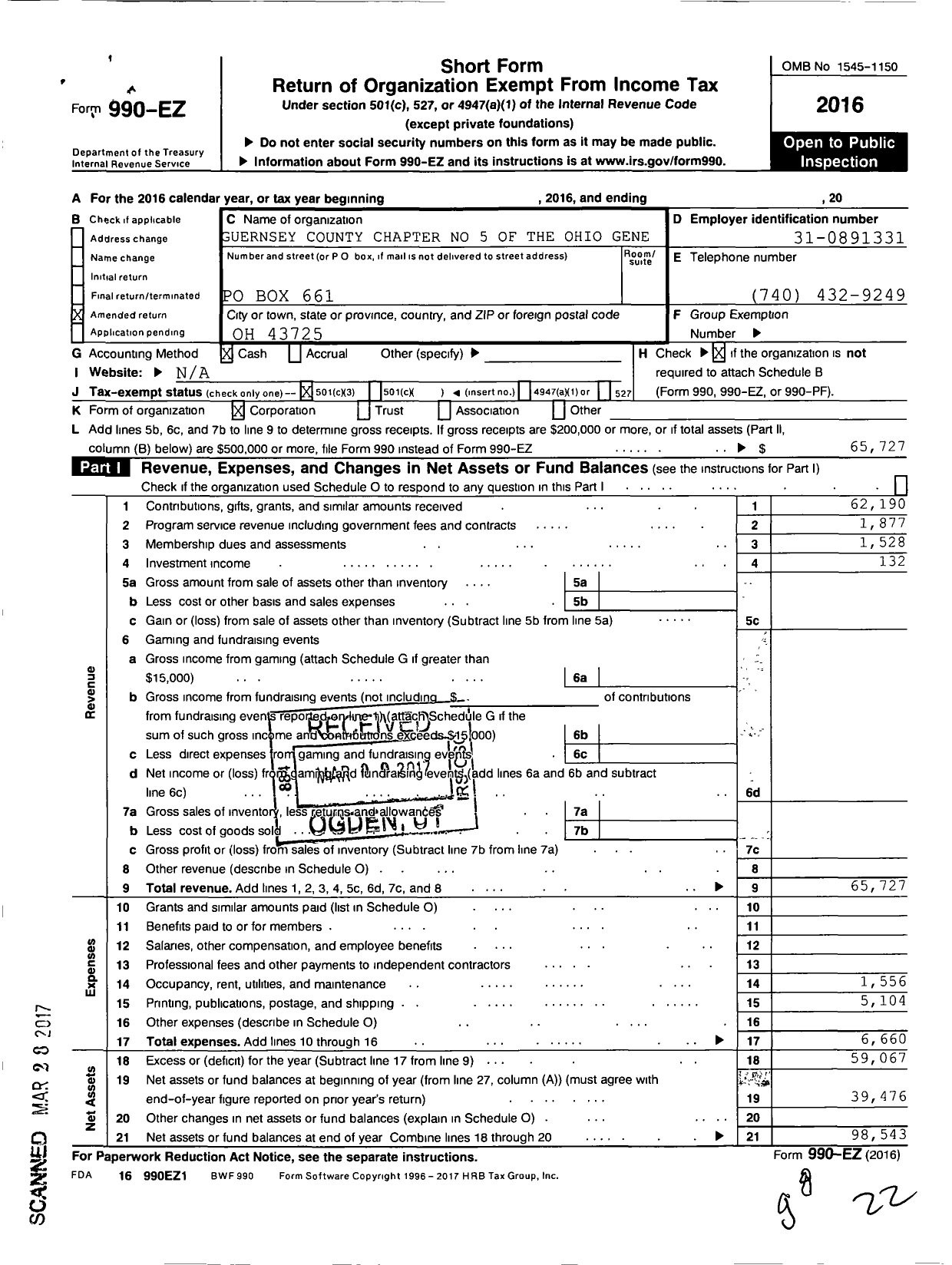 Image of first page of 2016 Form 990EZ for Guernsey County Genealogical Society