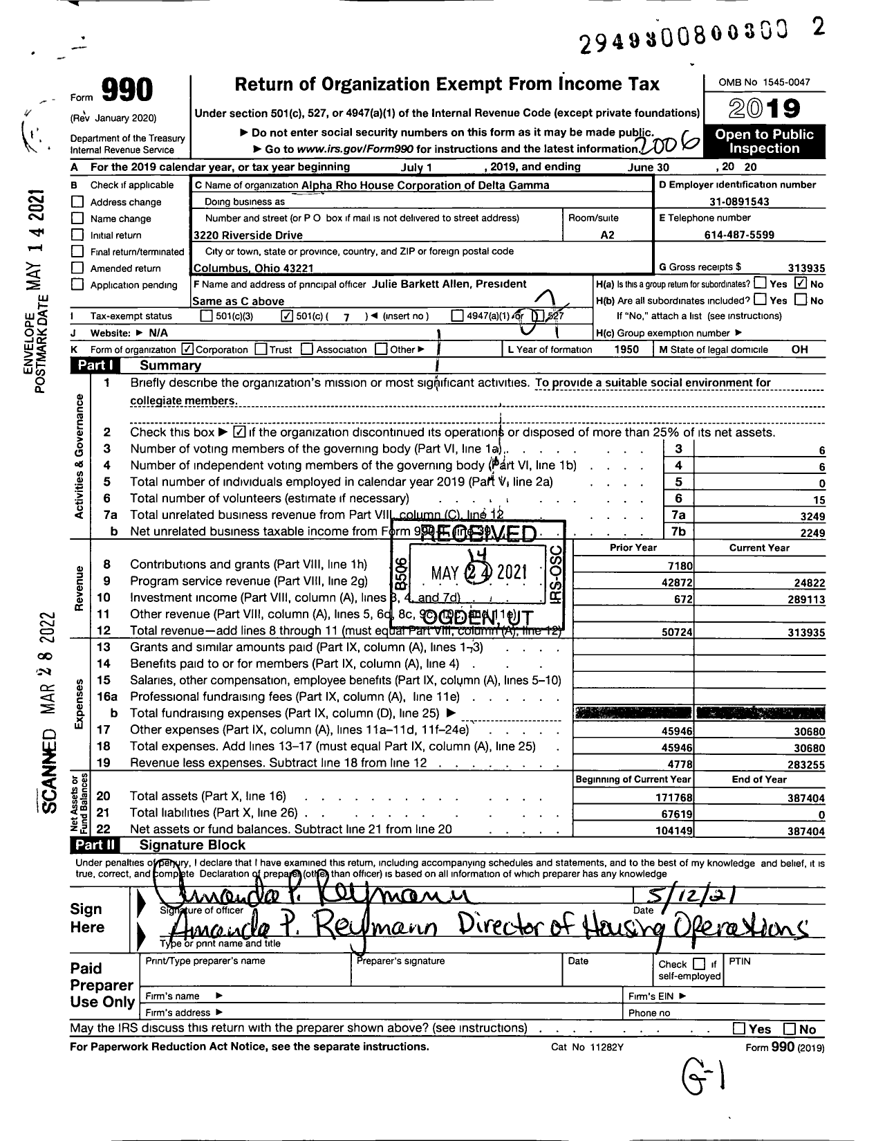 Image of first page of 2019 Form 990O for Alpha Rho House Corporation of Delta Gamma