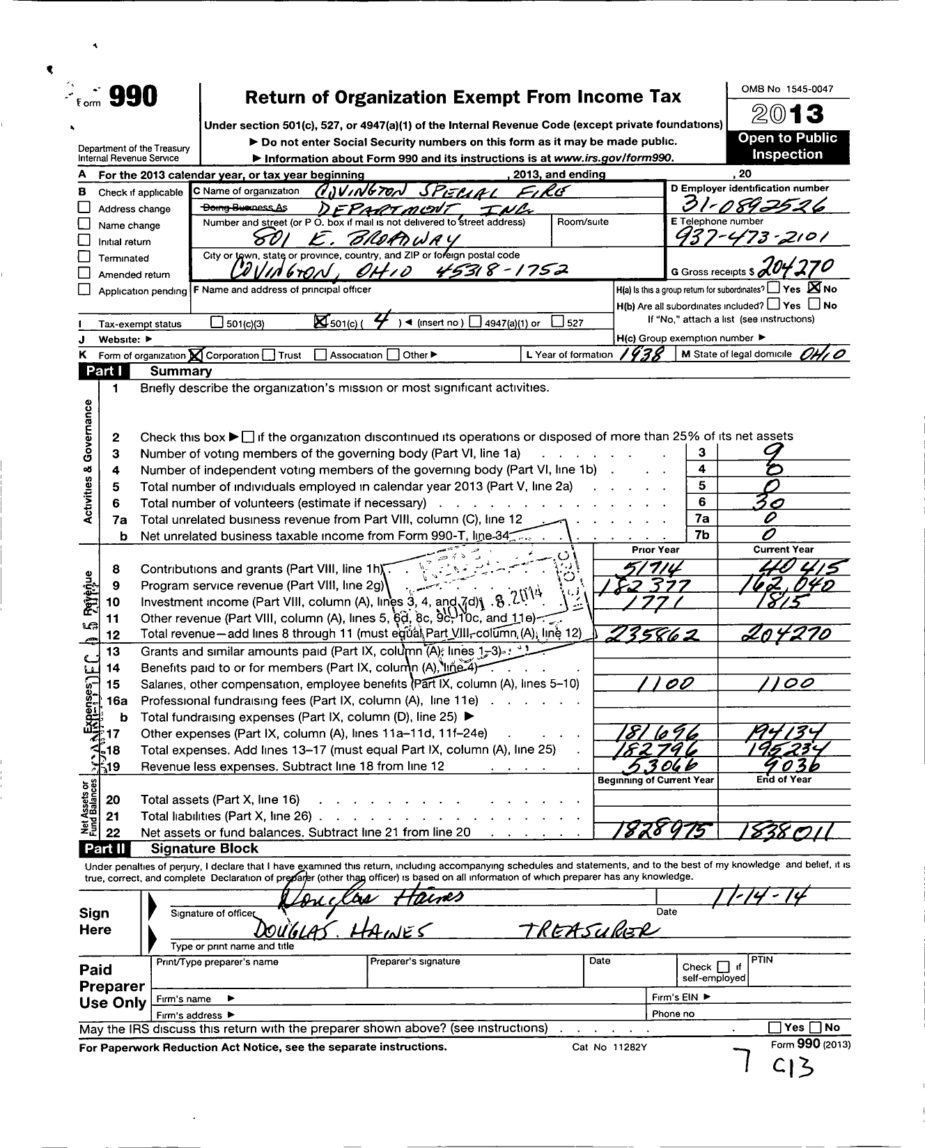 Image of first page of 2013 Form 990O for Covington Special Fire Department