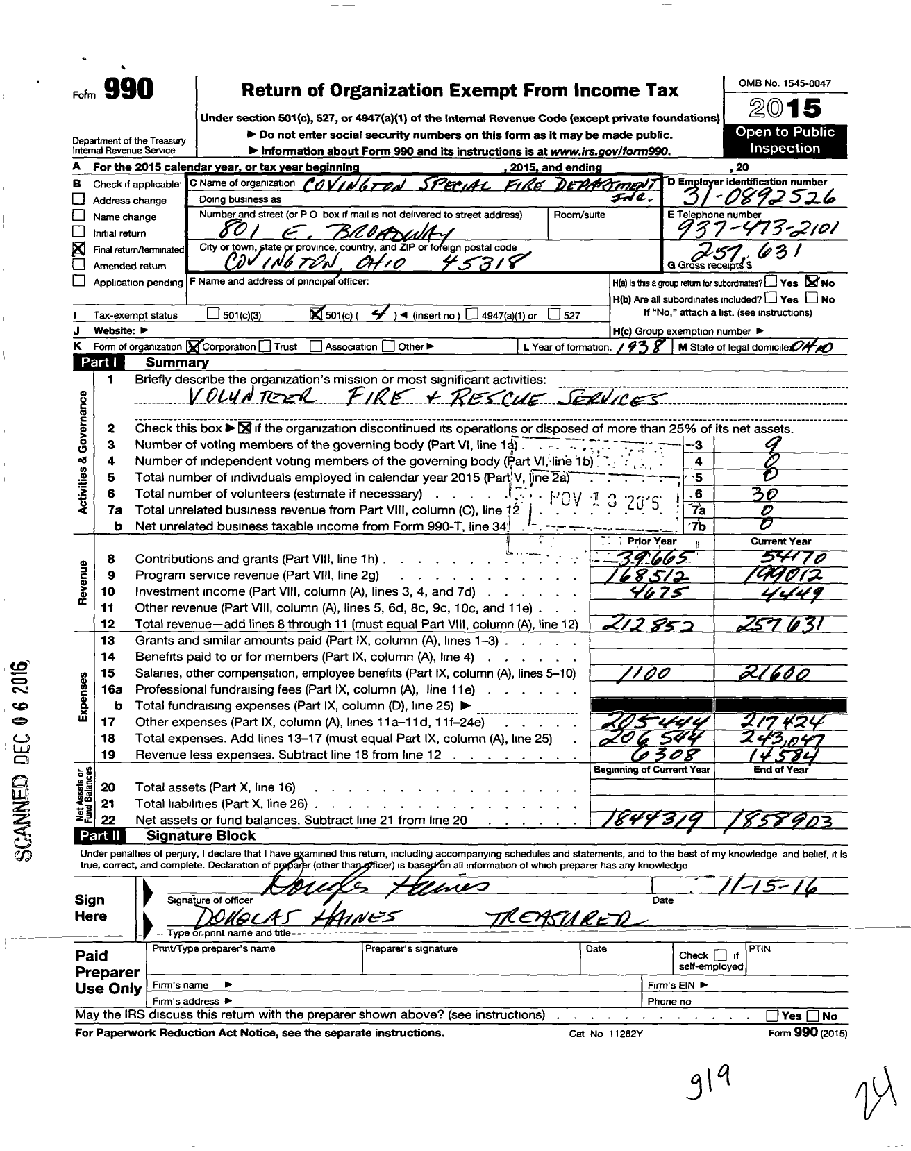 Image of first page of 2015 Form 990O for Covington Special Fire Department