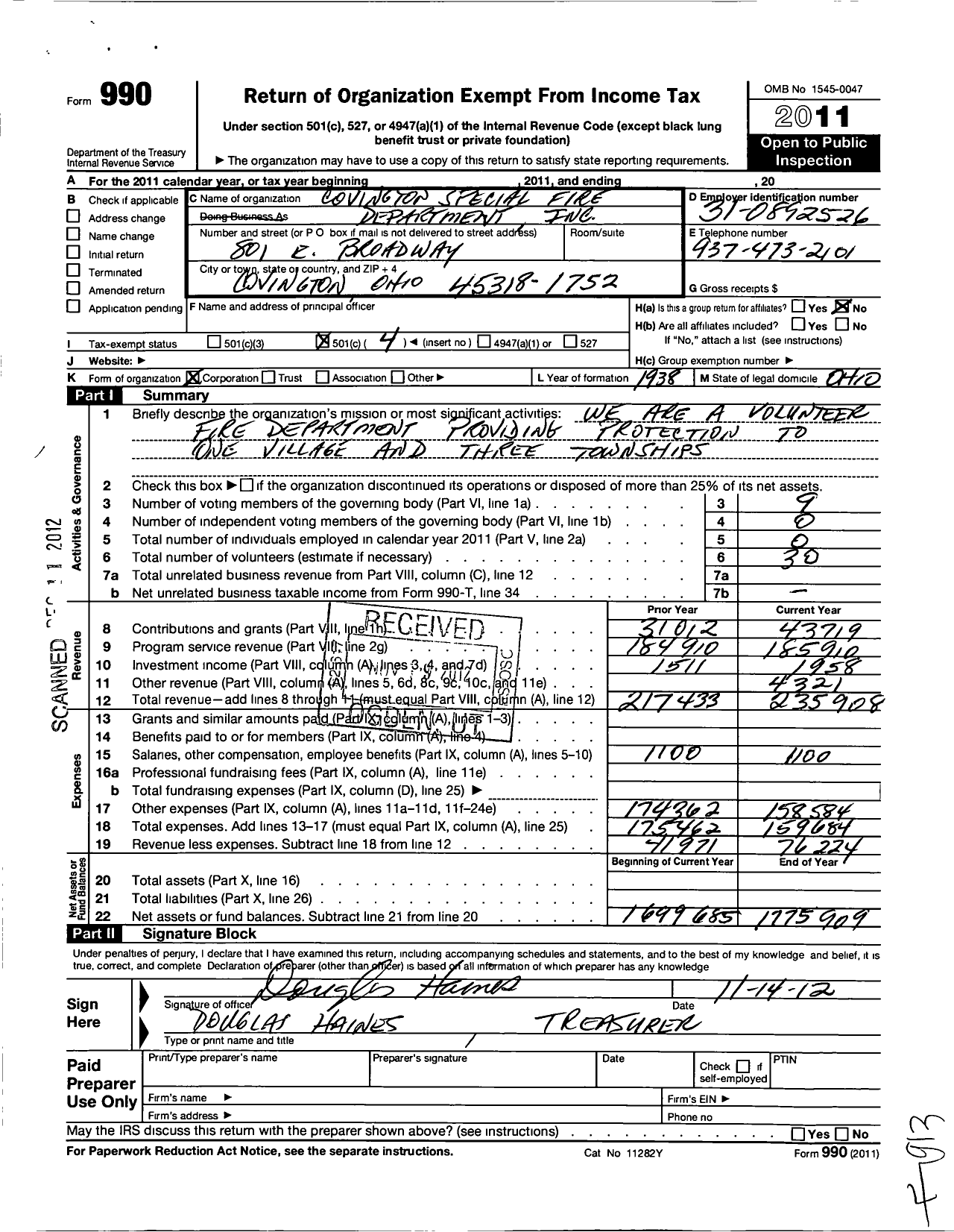 Image of first page of 2011 Form 990O for Covington Special Fire Department