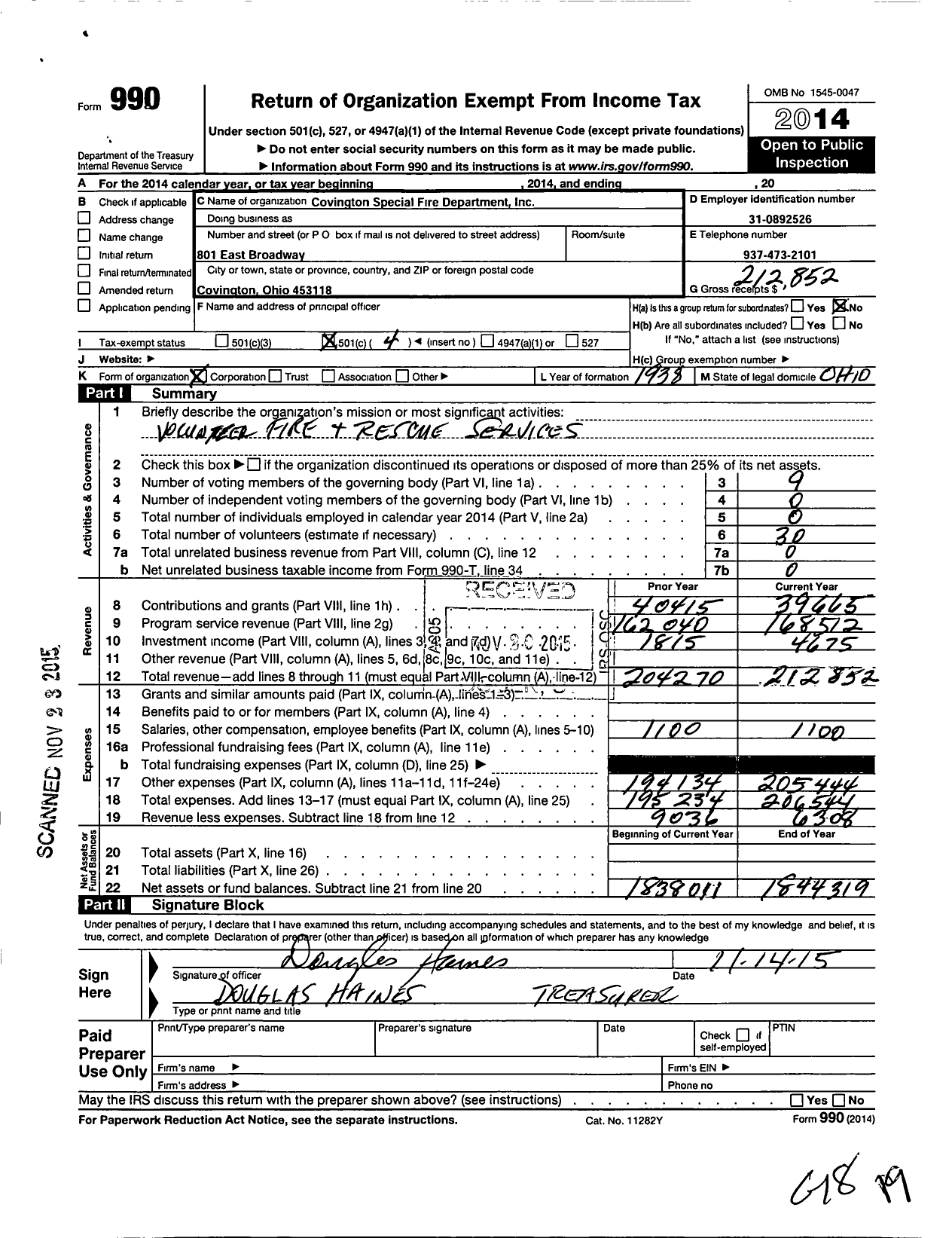 Image of first page of 2014 Form 990O for Covington Special Fire Department