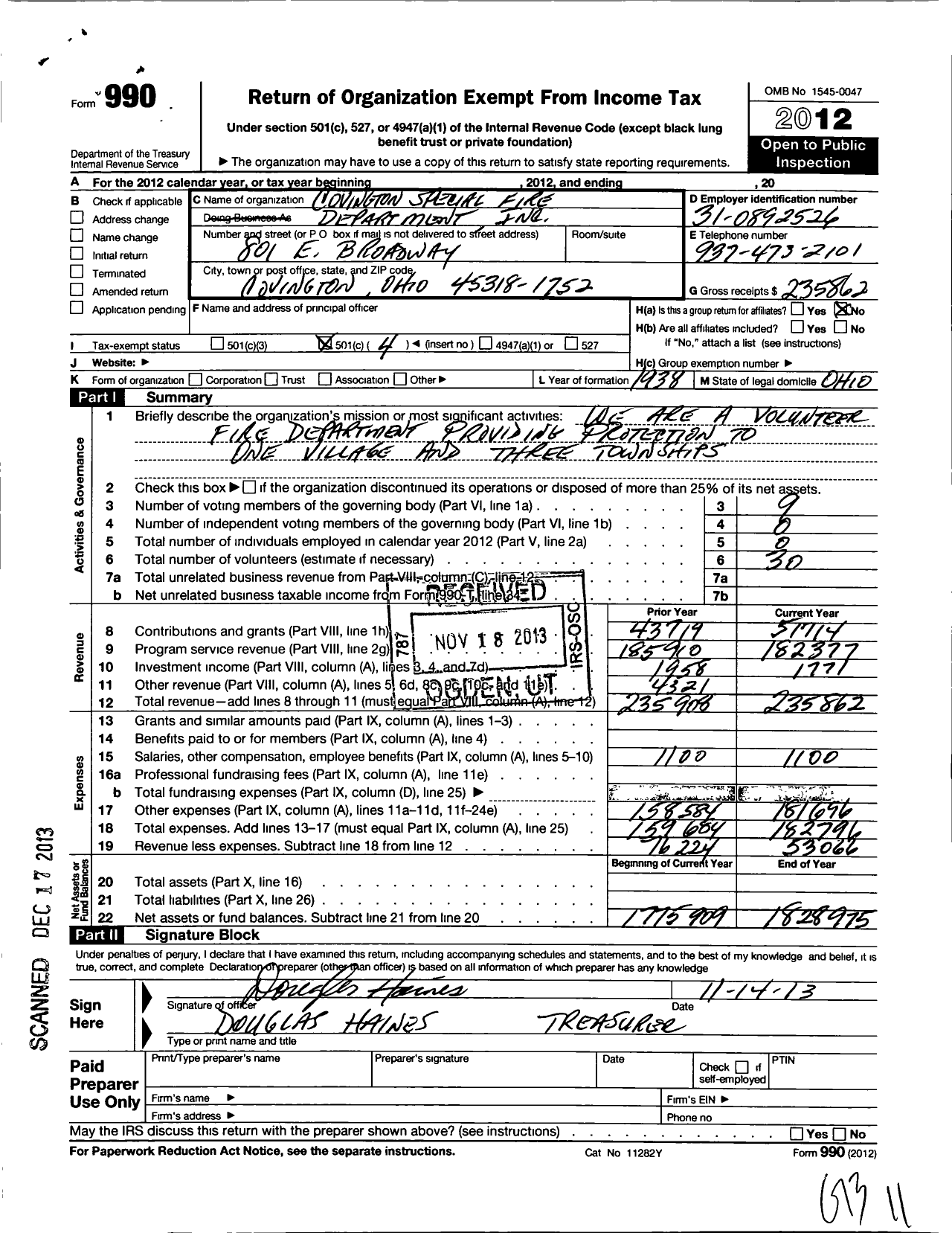 Image of first page of 2012 Form 990O for Covington Special Fire Department