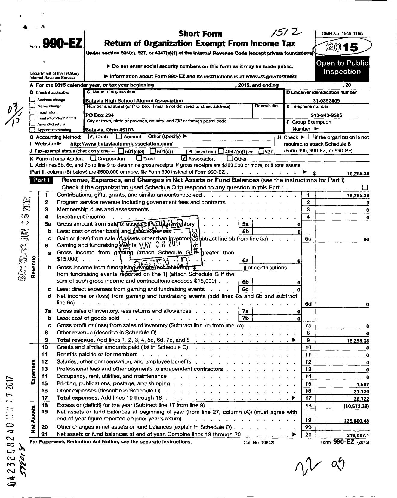 Image of first page of 2015 Form 990EO for Batavia High School Alumni Association