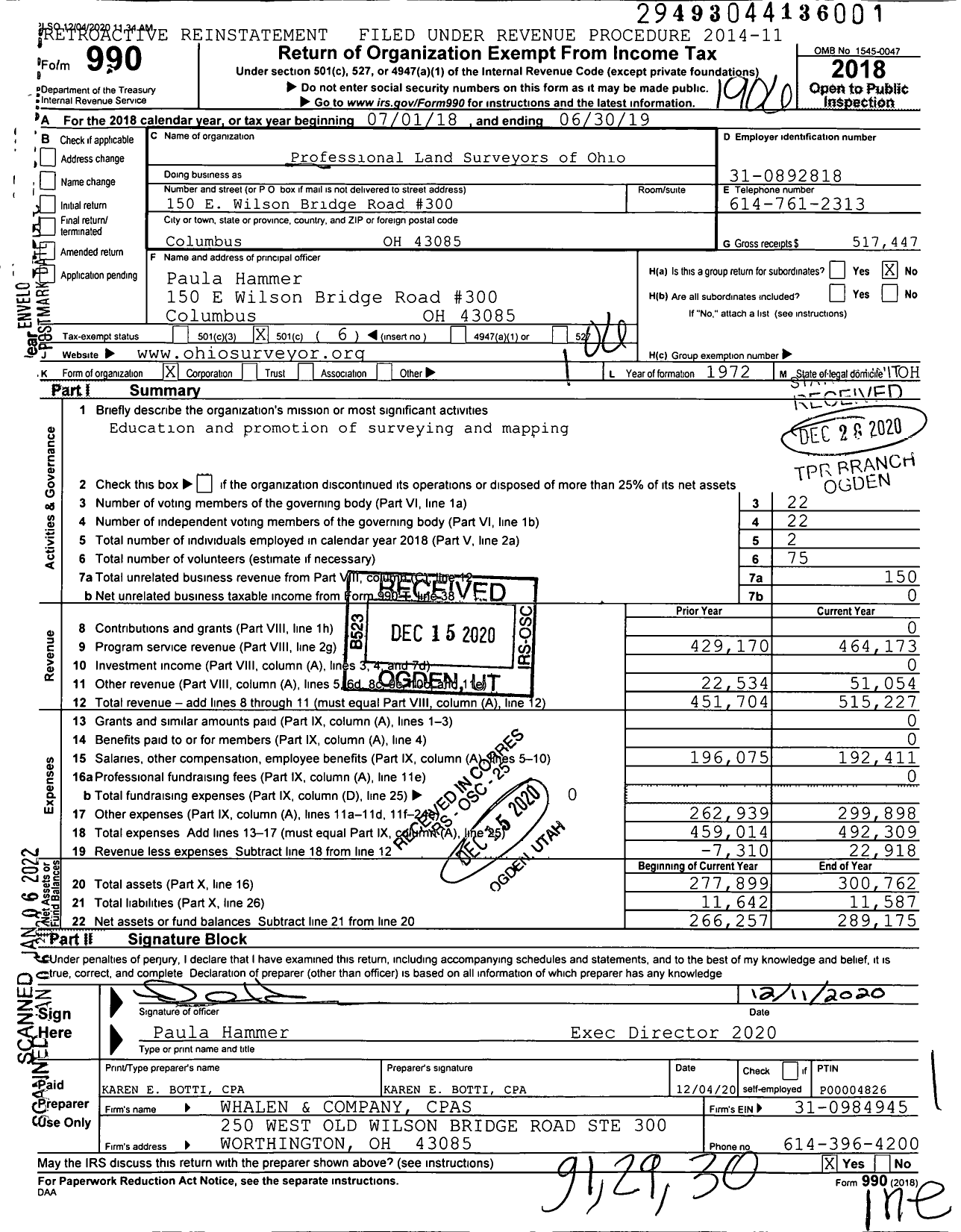 Image of first page of 2018 Form 990O for Professional Land Surveyors of Ohio