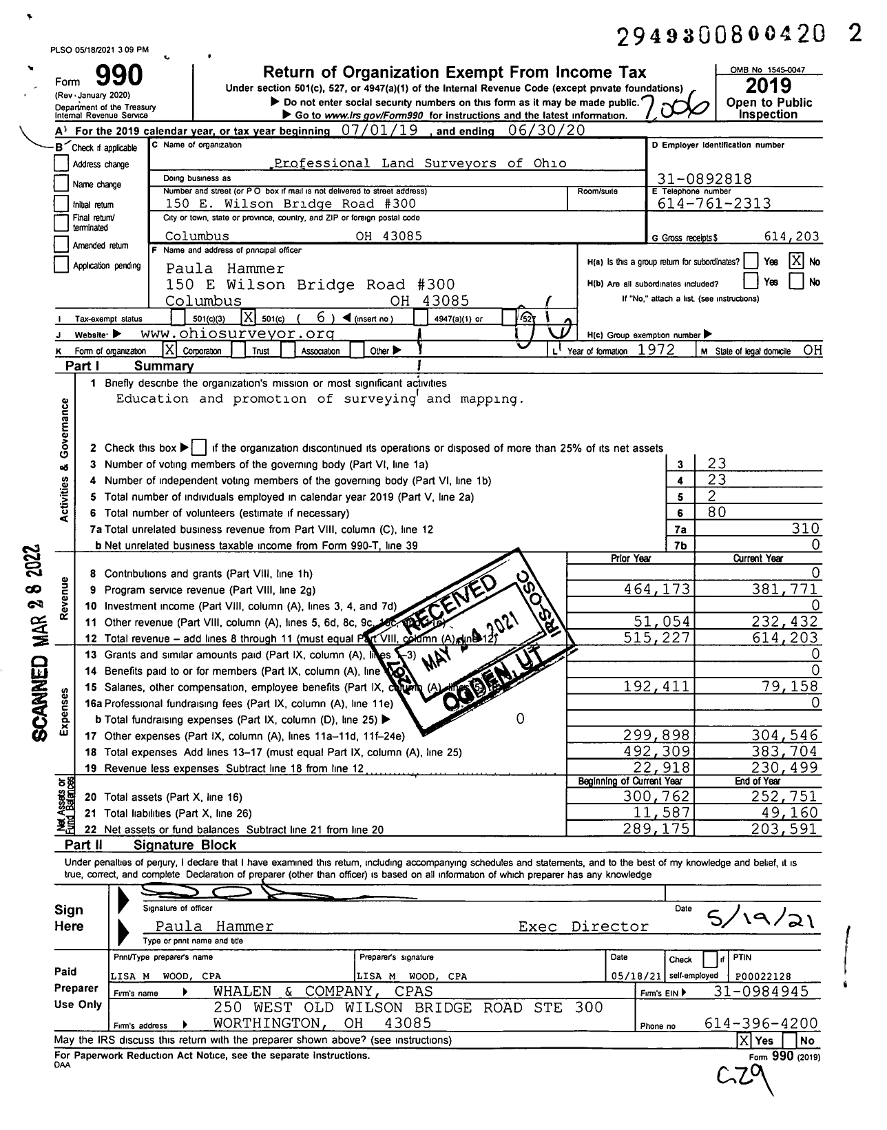 Image of first page of 2019 Form 990O for Professional Land Surveyors of Ohio