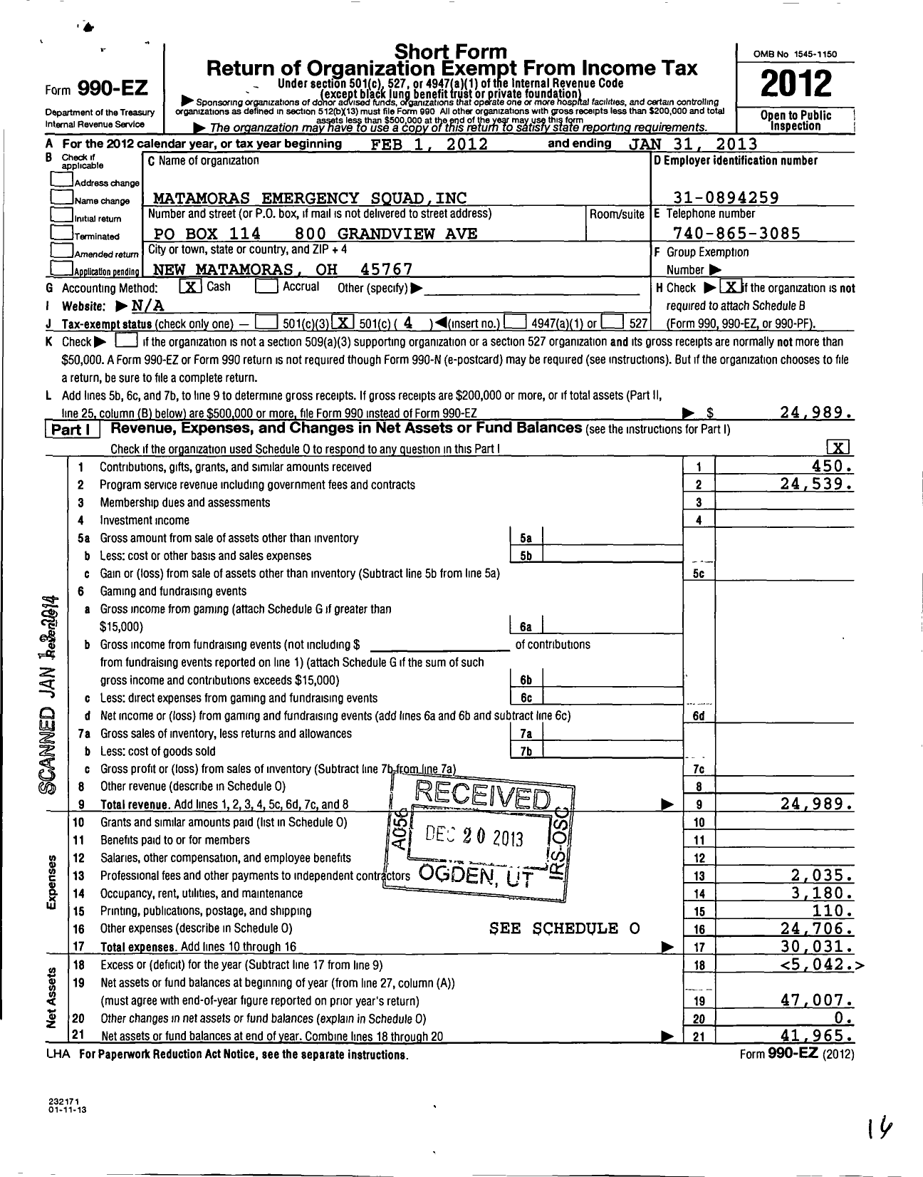 Image of first page of 2012 Form 990EO for Matamoras Emergency Squad