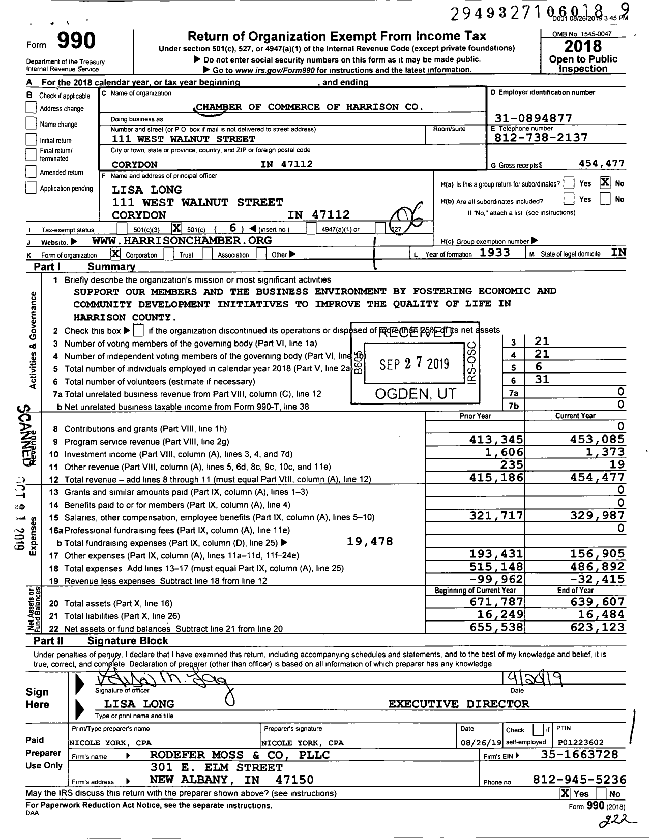 Image of first page of 2018 Form 990O for Chamber of Commerce of Harrison County