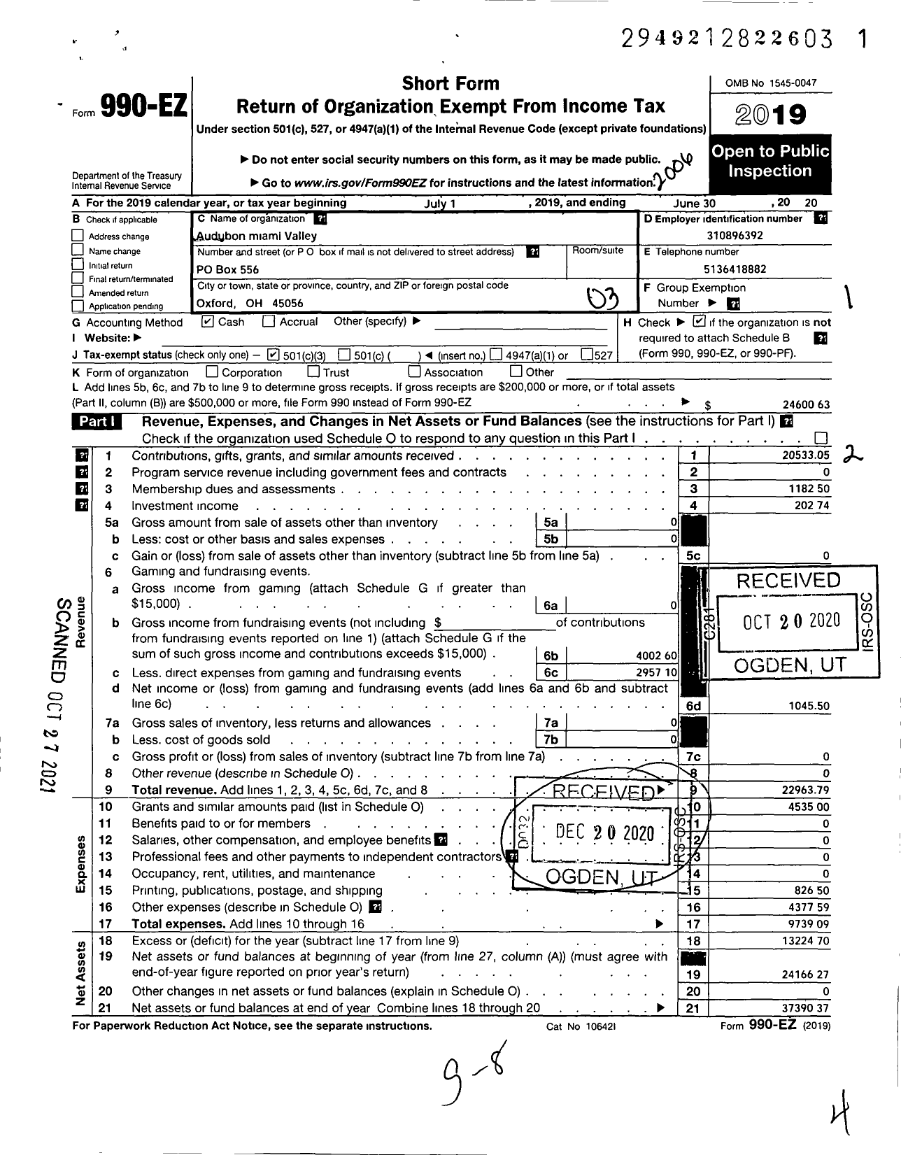 Image of first page of 2019 Form 990EZ for Audubon Miami Valley