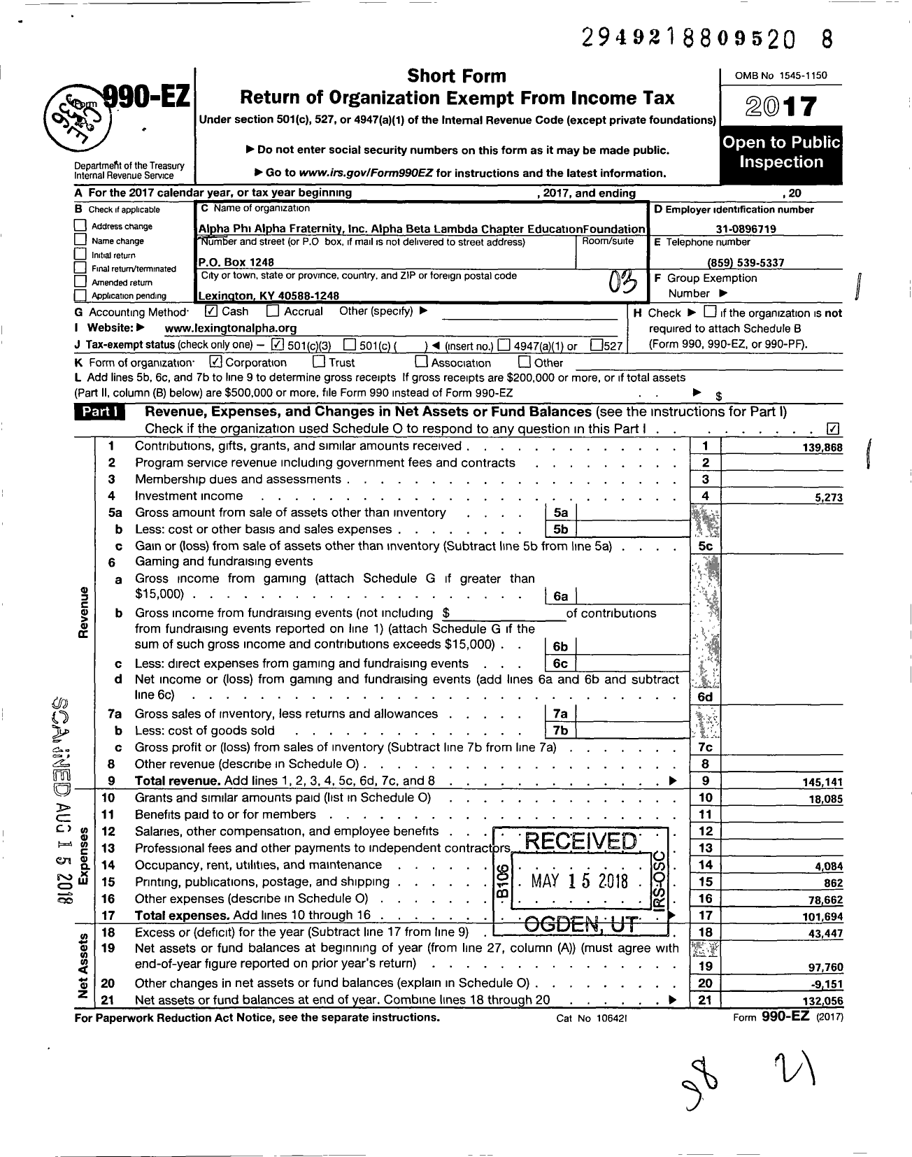 Image of first page of 2017 Form 990EZ for Alpha Beta Lambda Chapter of Alpha Phi Alpha Fraternity