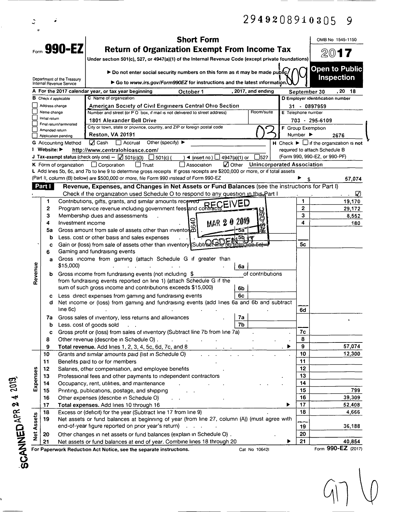 Image of first page of 2017 Form 990EZ for AMERICAN SOCIETY OF CIVIL ENGINEERS / Central Ohio Section