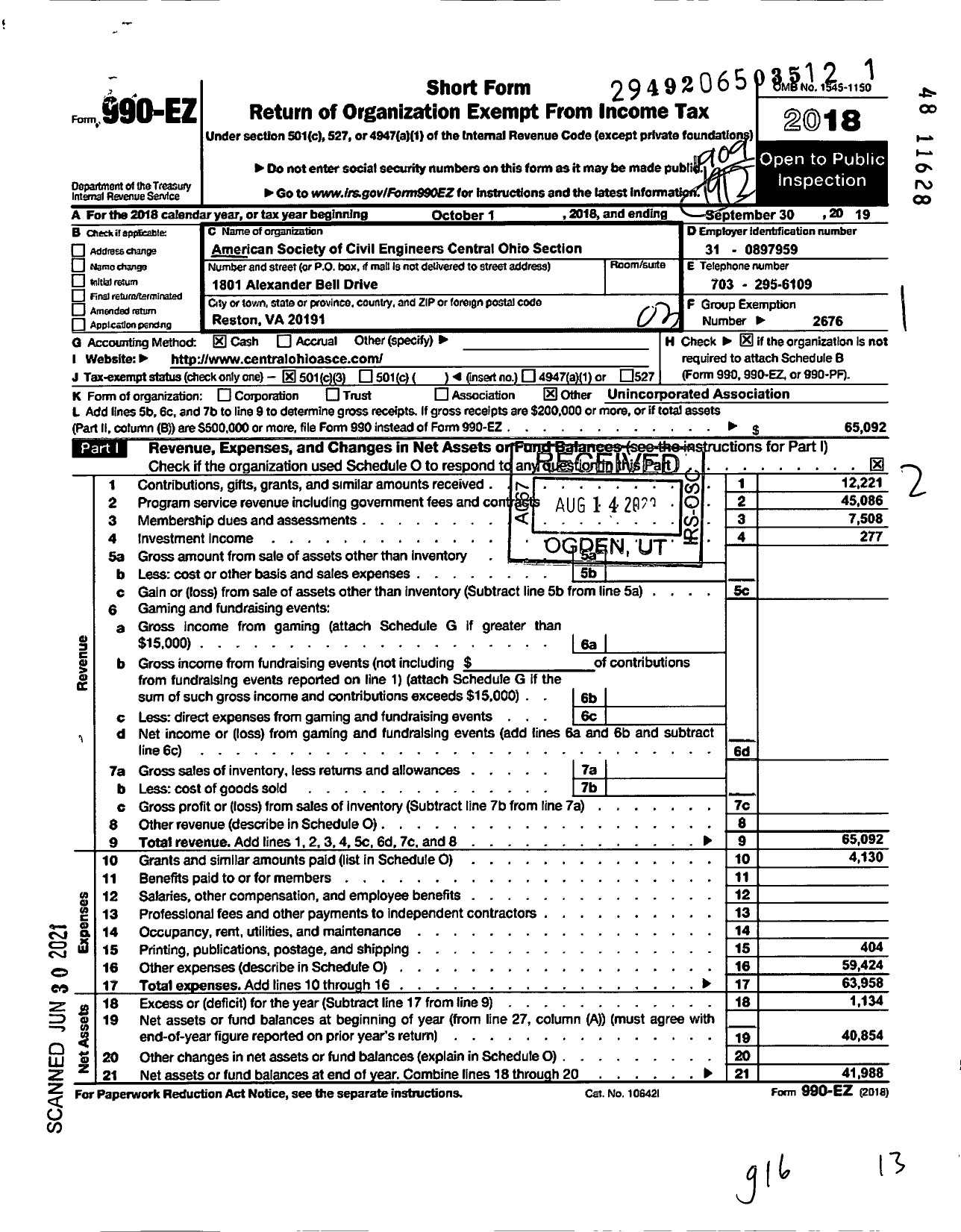 Image of first page of 2018 Form 990EZ for AMERICAN SOCIETY OF CIVIL ENGINEERS / Central Ohio Section