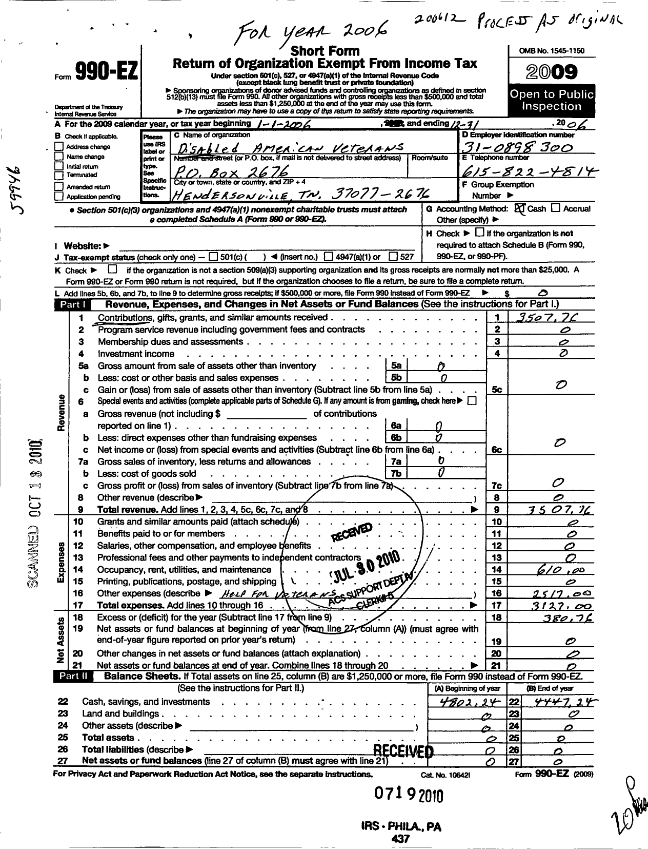 Image of first page of 2006 Form 990EO for Disabled American Veterans - 95 Gallatin