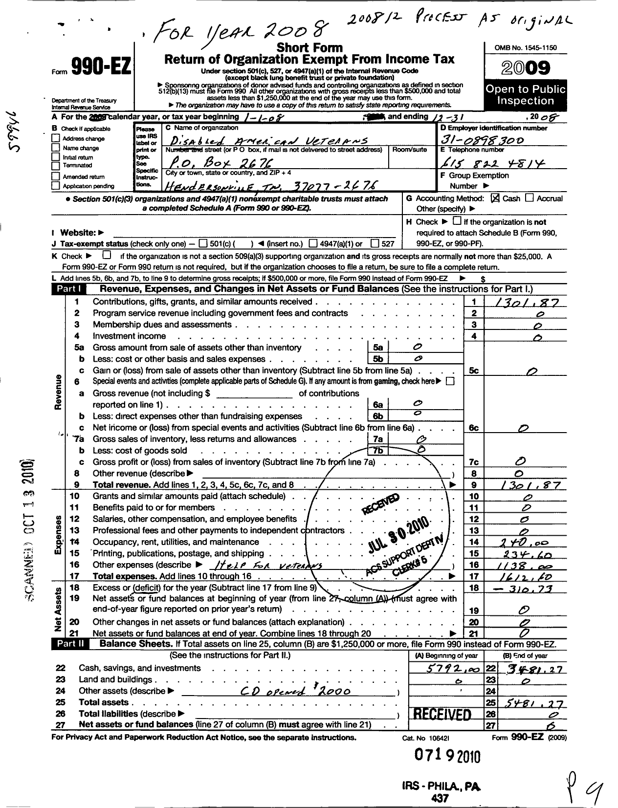Image of first page of 2008 Form 990EO for Disabled American Veterans - 95 Gallatin