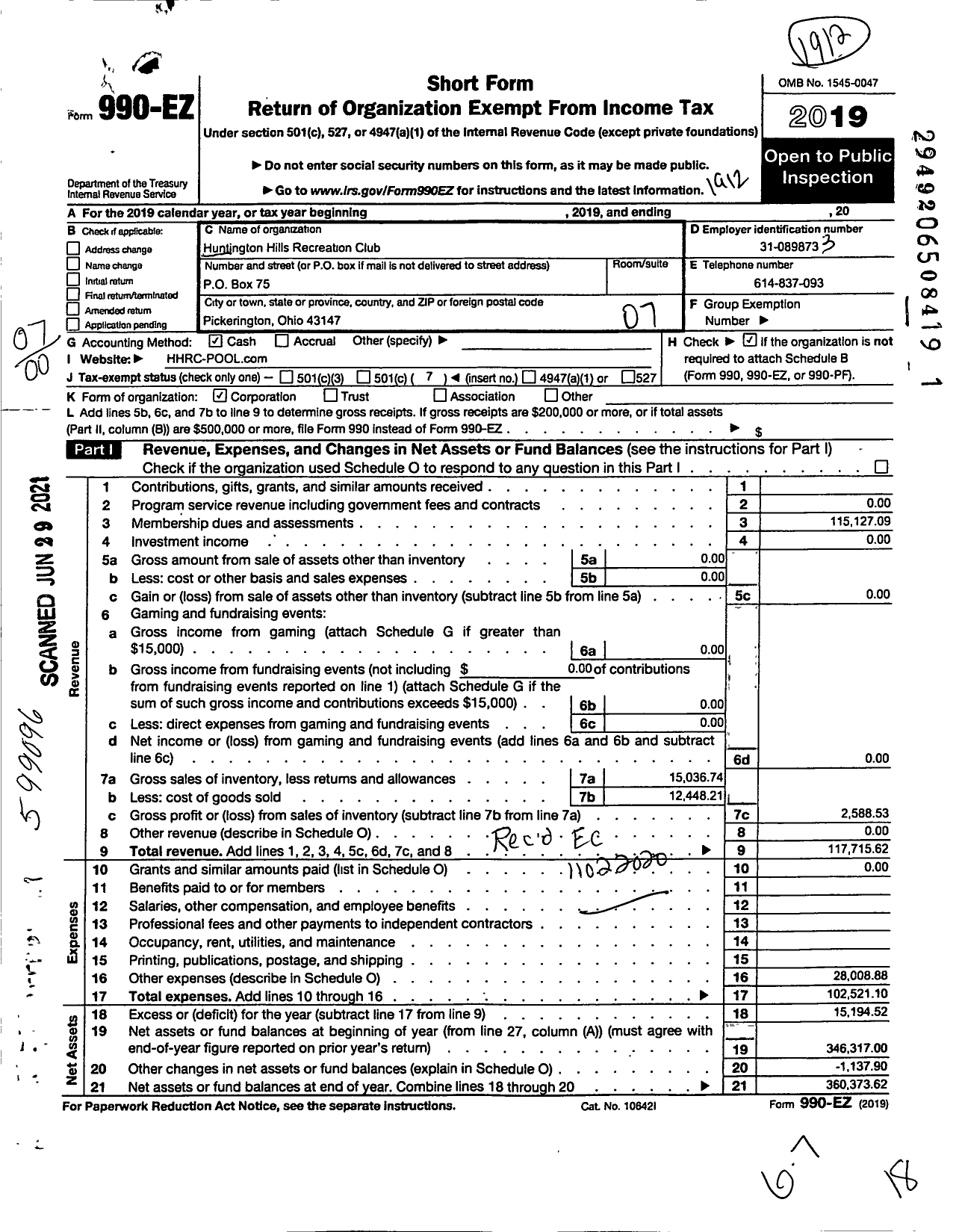 Image of first page of 2019 Form 990EO for Huntington Hills Recreation Club