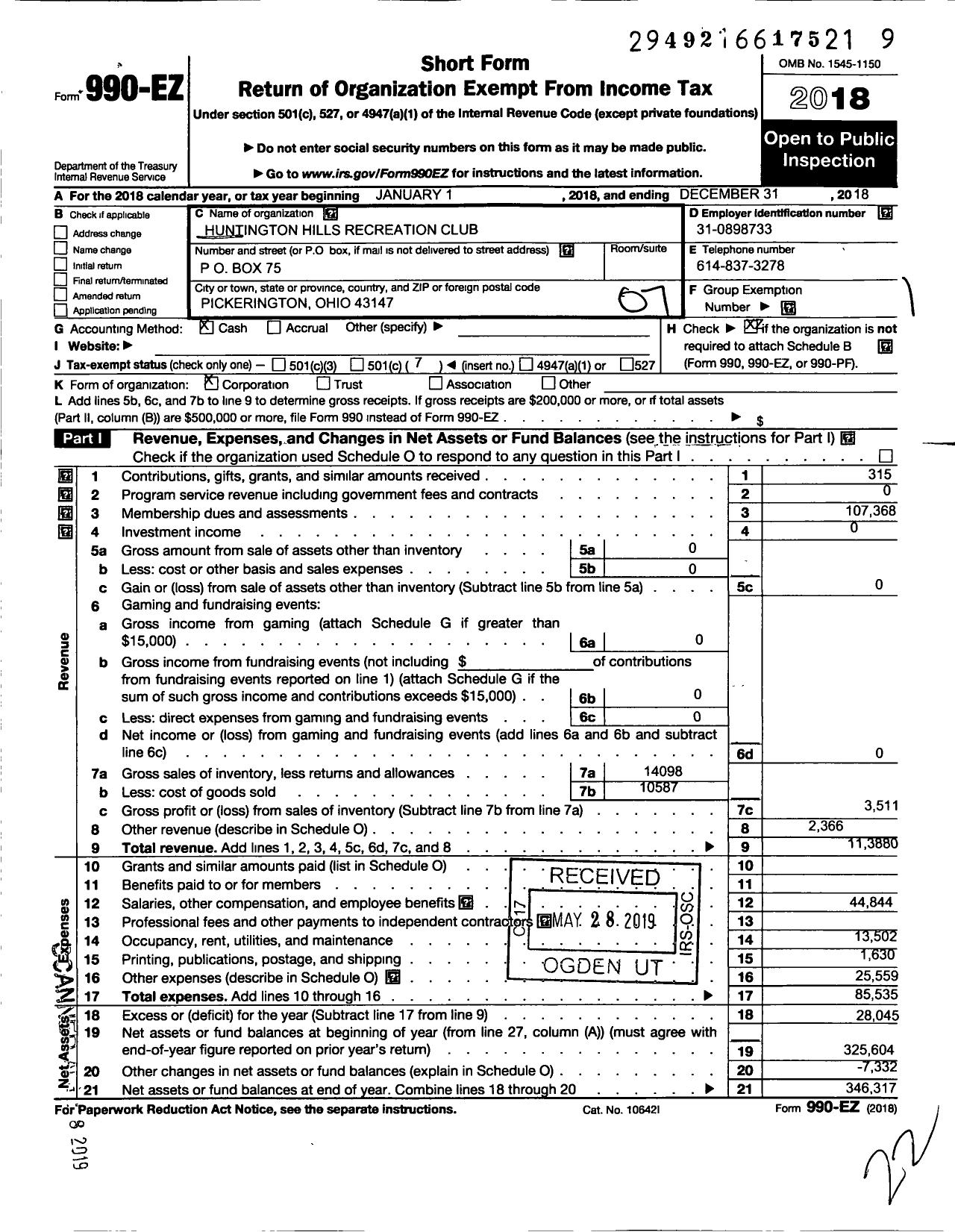 Image of first page of 2018 Form 990EO for Huntington Hills Recreation Club