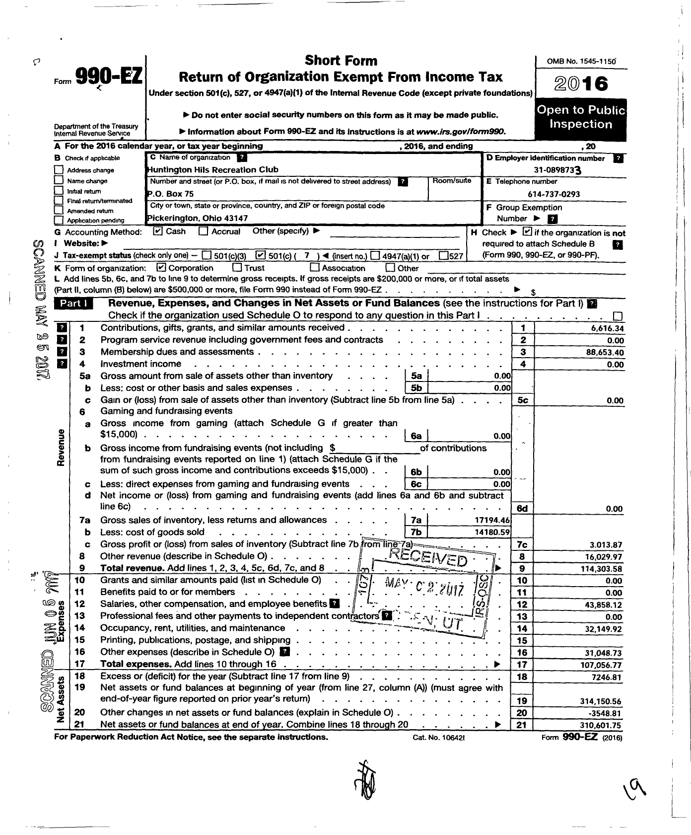 Image of first page of 2016 Form 990EO for Huntington Hills Recreation Club