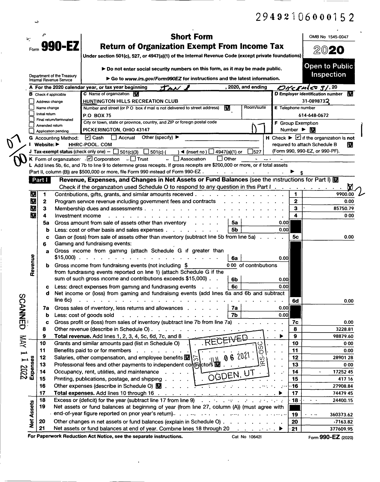 Image of first page of 2020 Form 990EO for Huntington Hills Recreation Club