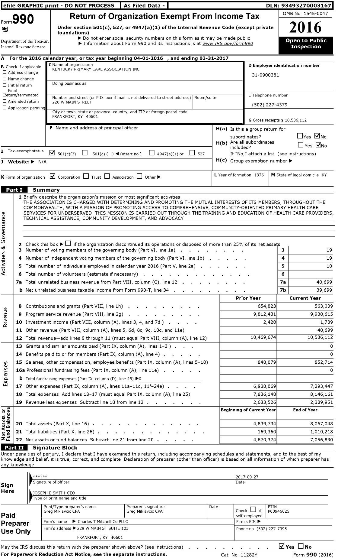 Image of first page of 2016 Form 990 for Kentucky Primary Care Association (KPCA)