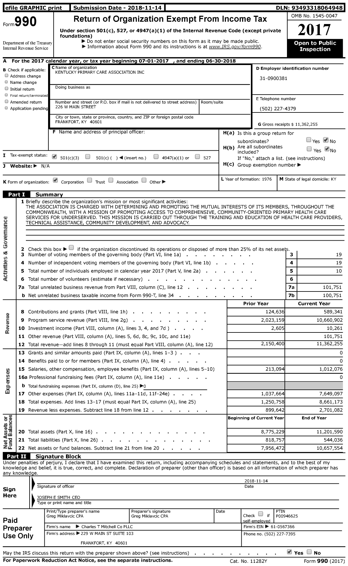 Image of first page of 2017 Form 990 for Kentucky Primary Care Association (KPCA)