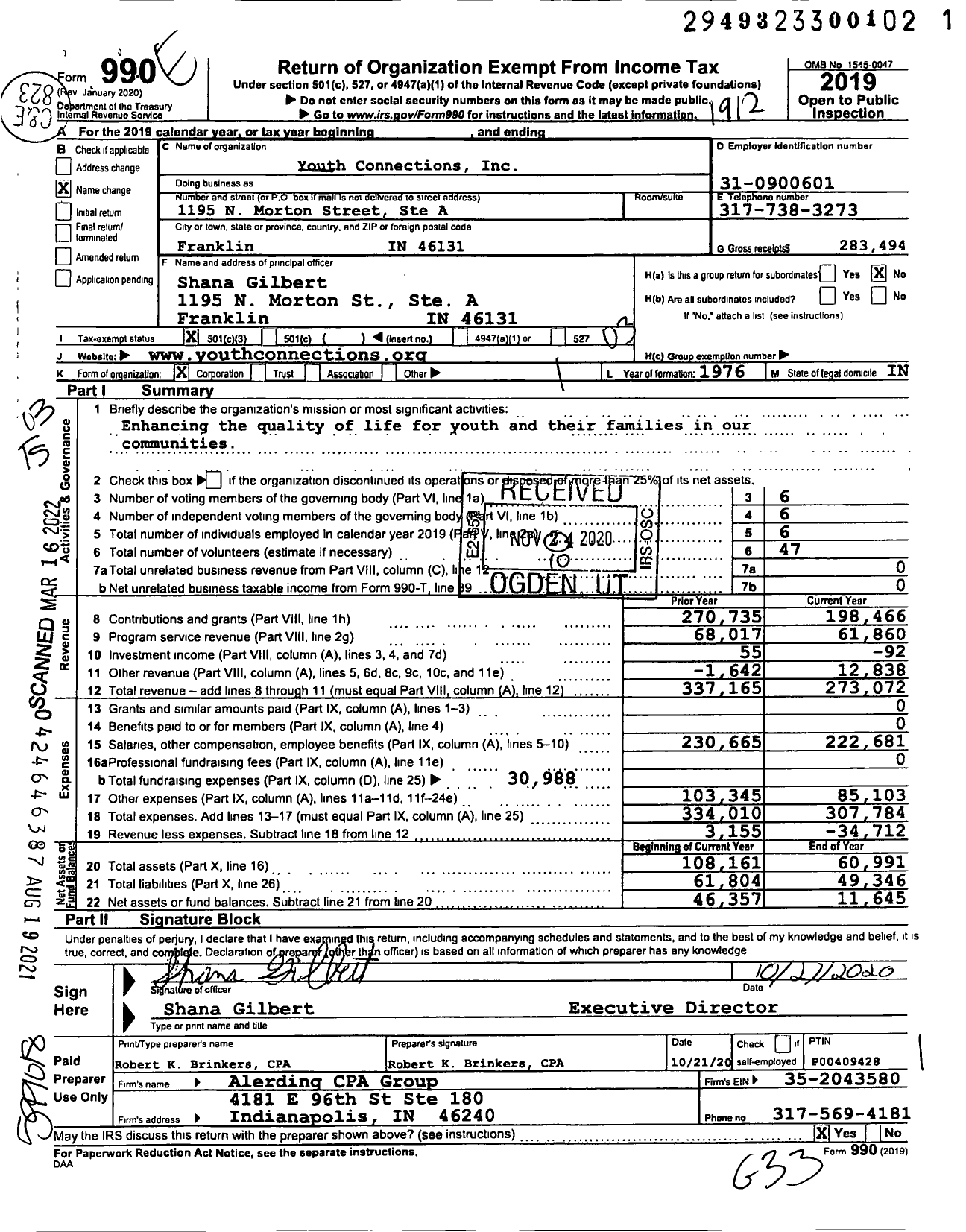 Image of first page of 2019 Form 990 for Johnson County Youth Services