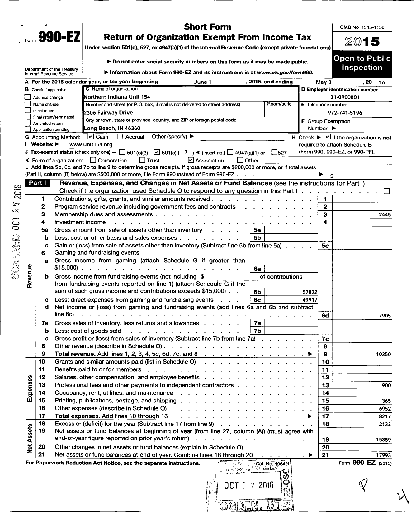 Image of first page of 2015 Form 990EO for Northern Indiana Unit 154