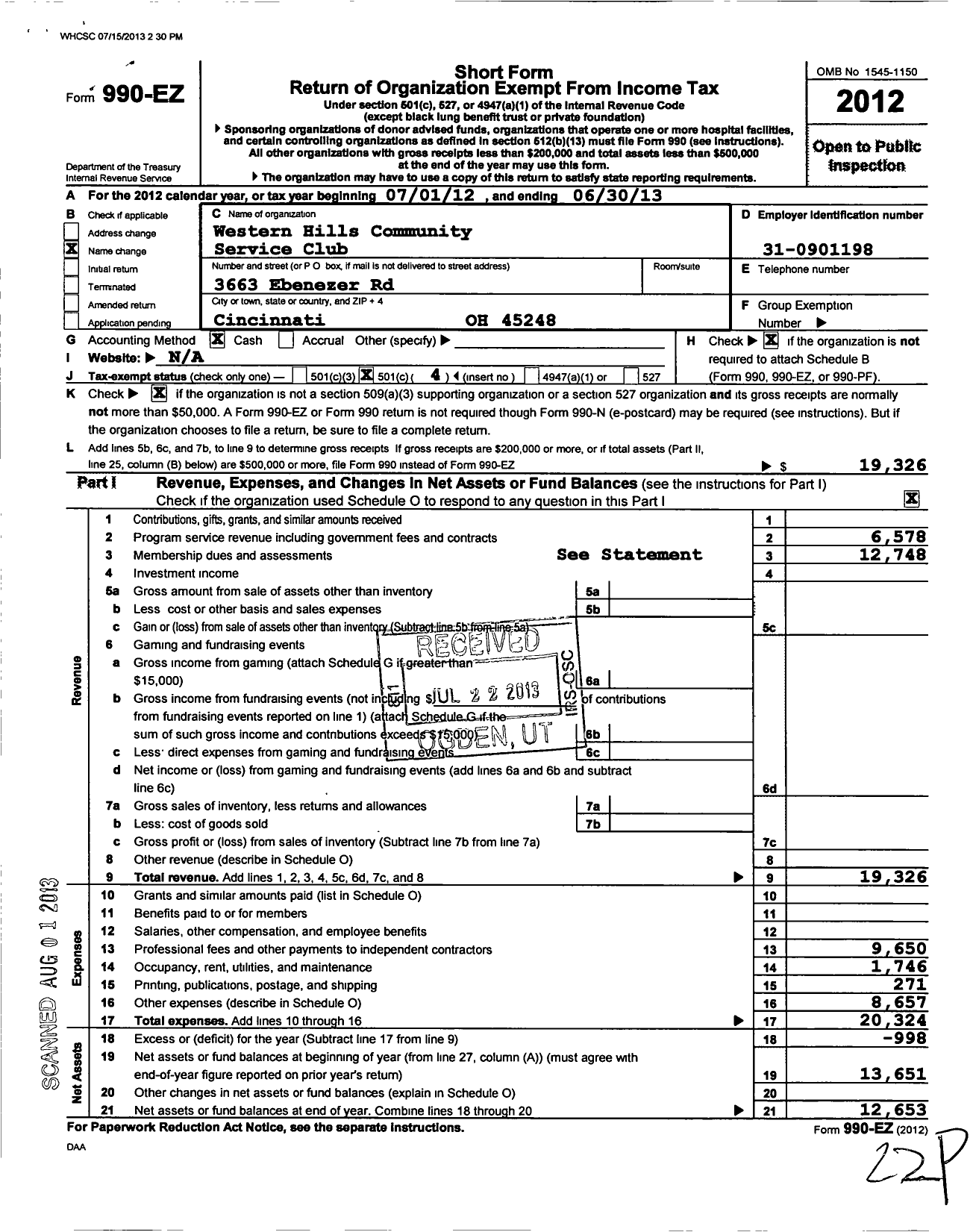 Image of first page of 2012 Form 990EO for National Exchange Club - 1909 Western Hills - Cincinnati