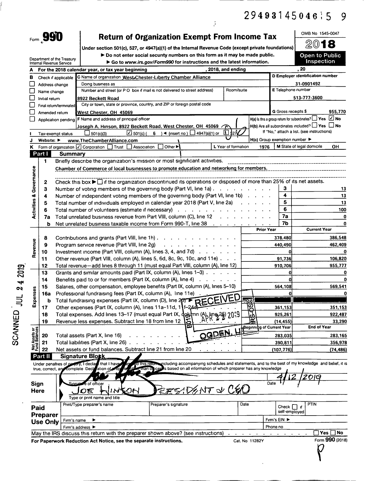 Image of first page of 2018 Form 990O for West Chester-Liberty Chamber Alliance