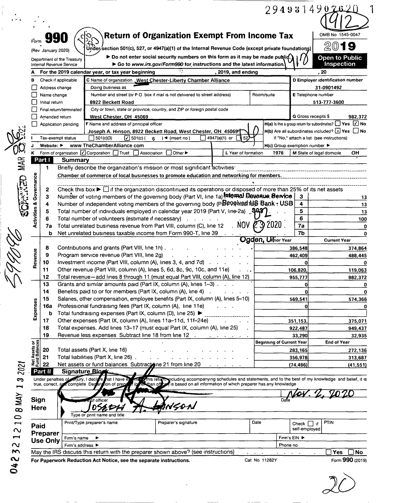 Image of first page of 2019 Form 990O for West Chester-Liberty Chamber Alliance