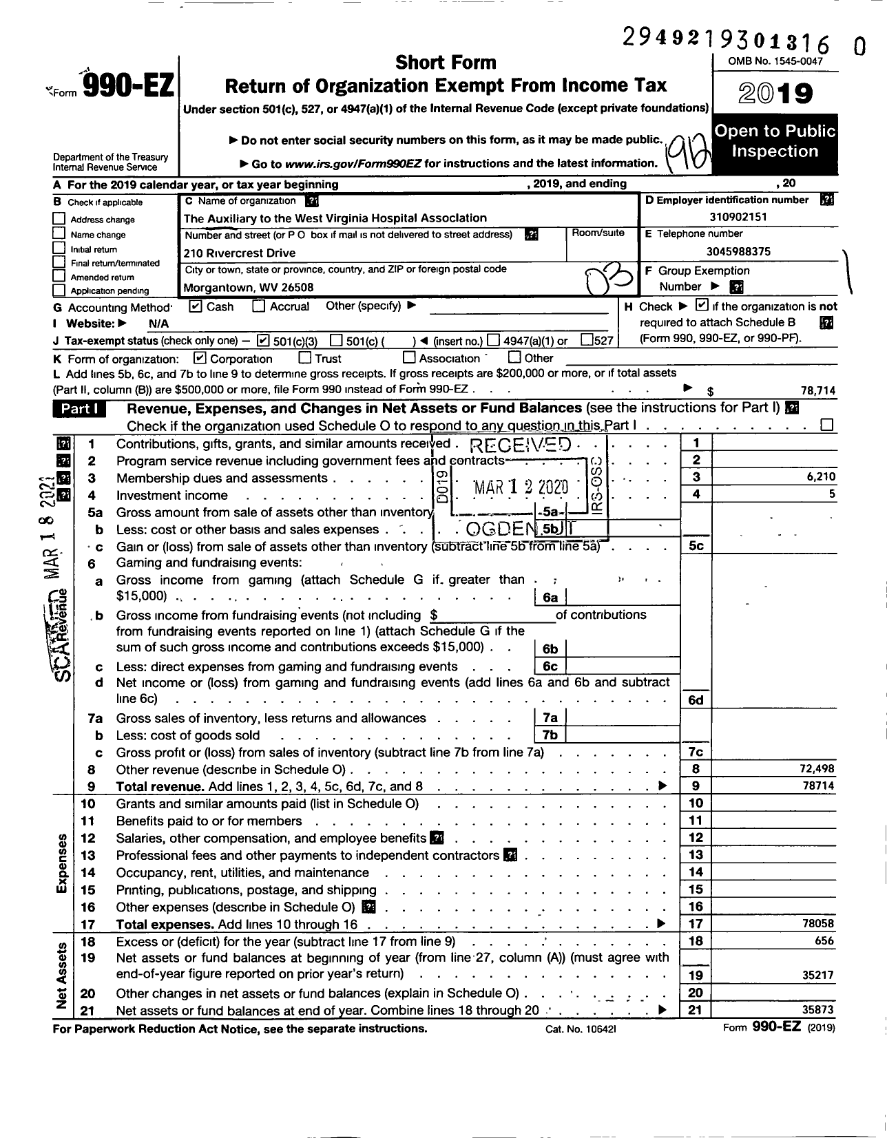 Image of first page of 2019 Form 990EZ for Auxiliary of the West Virginia Hospital Association