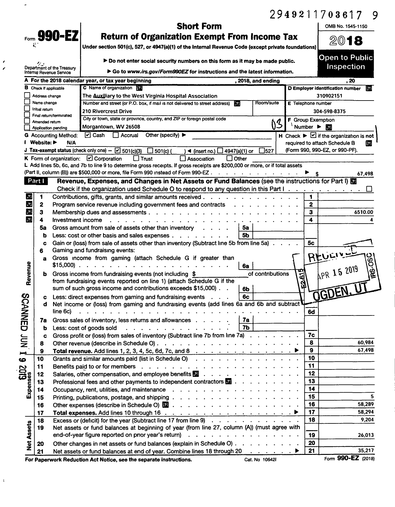 Image of first page of 2018 Form 990EZ for Auxiliary of the West Virginia Hospital Association