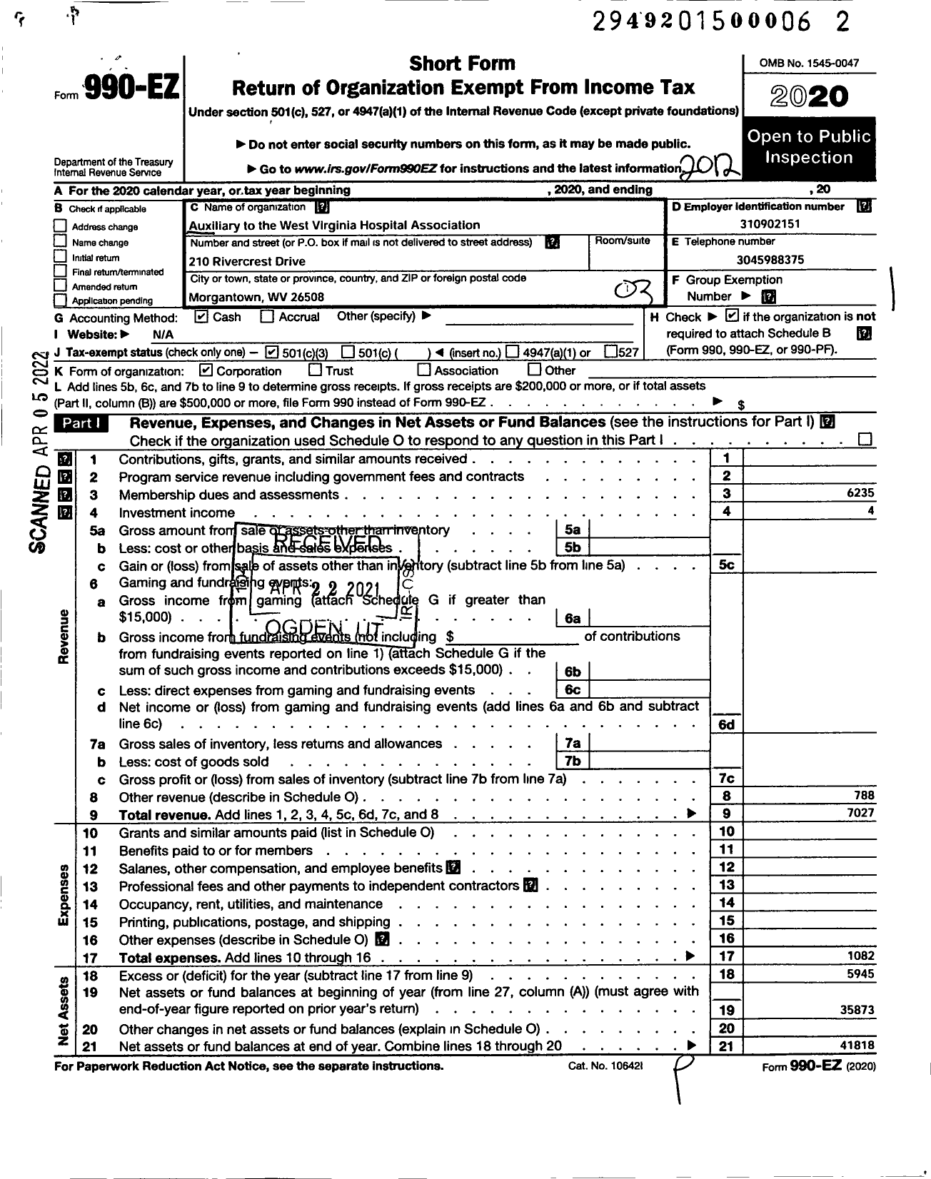 Image of first page of 2020 Form 990EZ for Auxiliary of the West Virginia Hospital Association