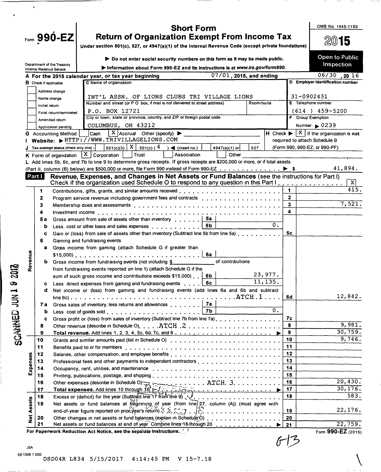 Image of first page of 2015 Form 990EO for Lions Clubs - 5448 Tri Village