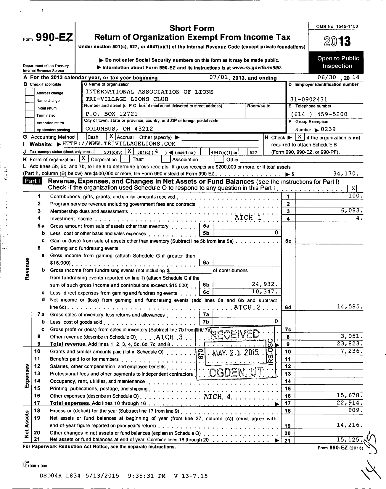 Image of first page of 2013 Form 990EO for Lions Clubs - 5448 Tri Village