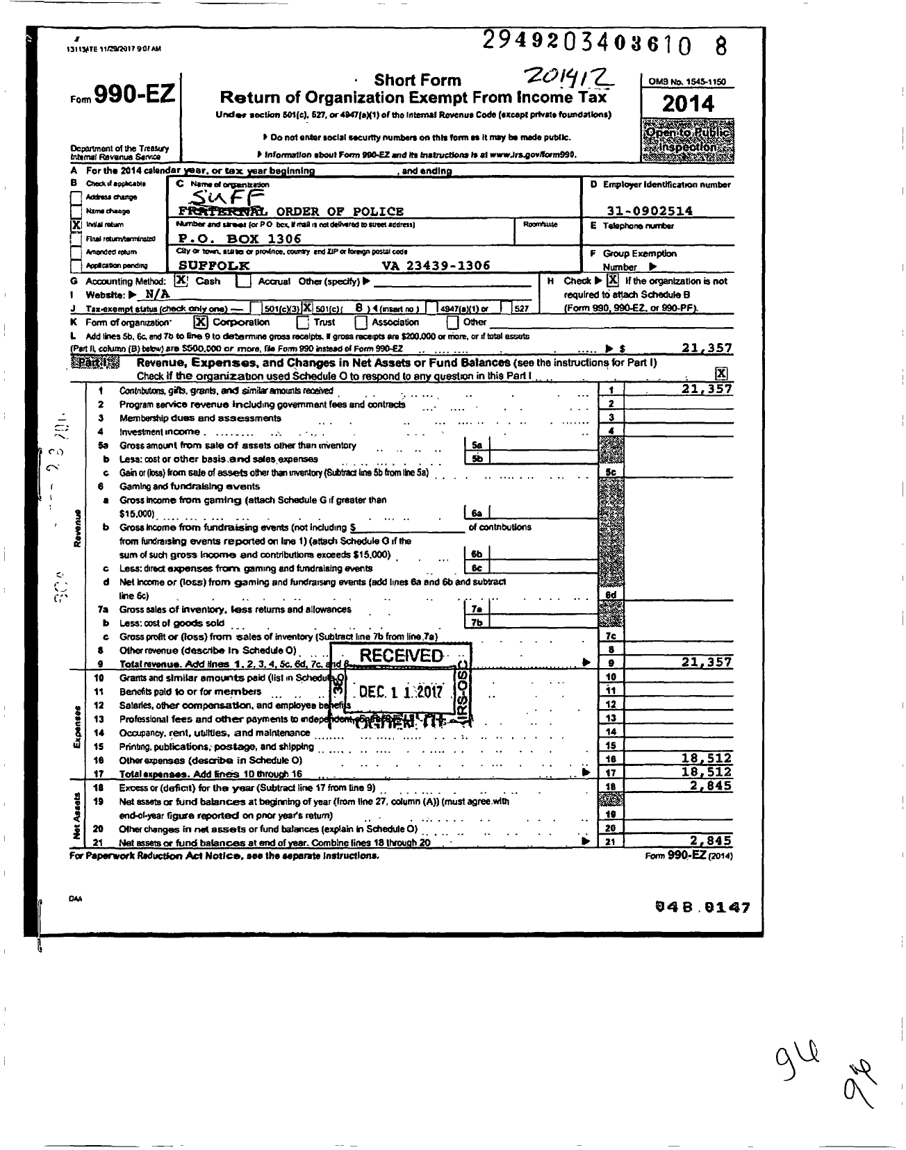 Image of first page of 2014 Form 990EO for Suffolk Lodge No 41 Fraternal Order of Police