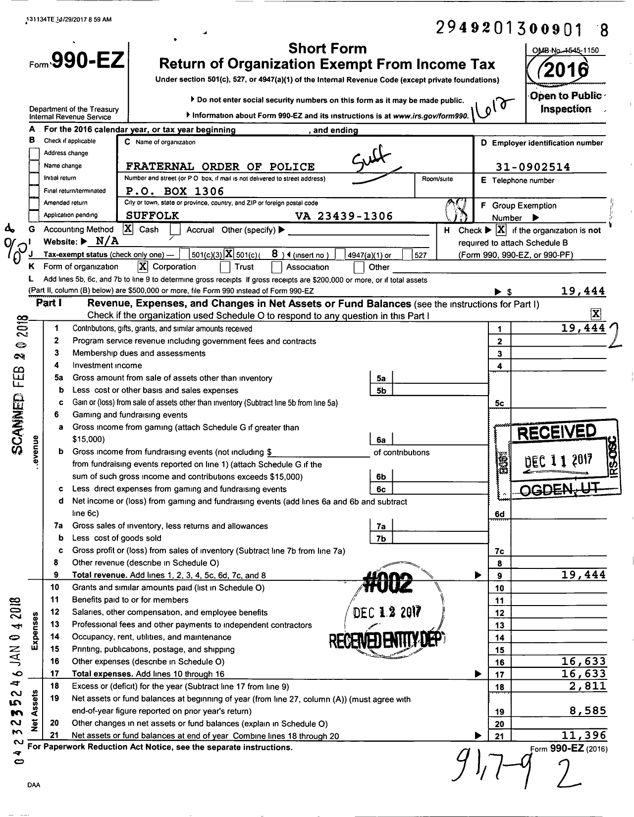 Image of first page of 2016 Form 990EO for Suffolk Lodge No 41 Fraternal Order of Police