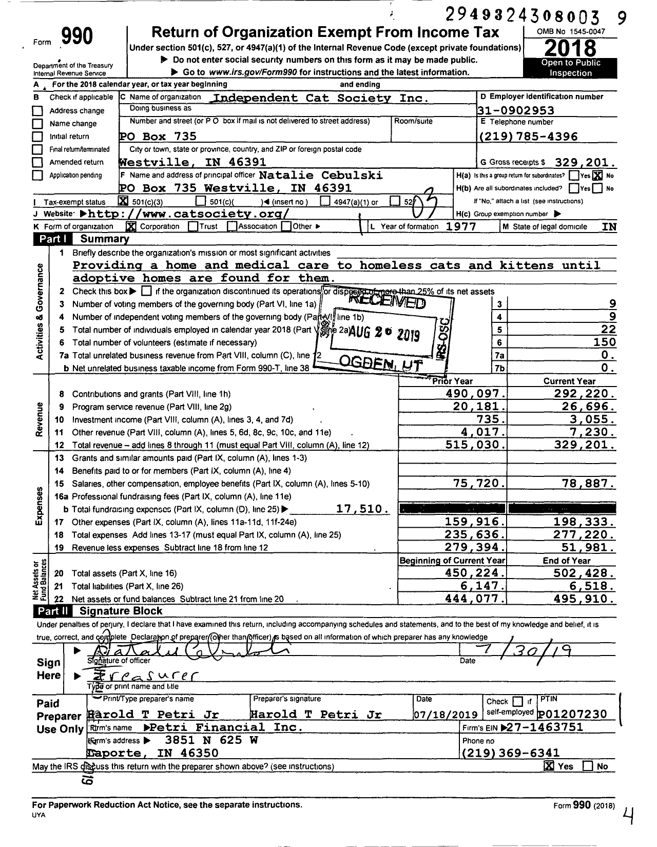 Image of first page of 2018 Form 990 for Independent Cat Society