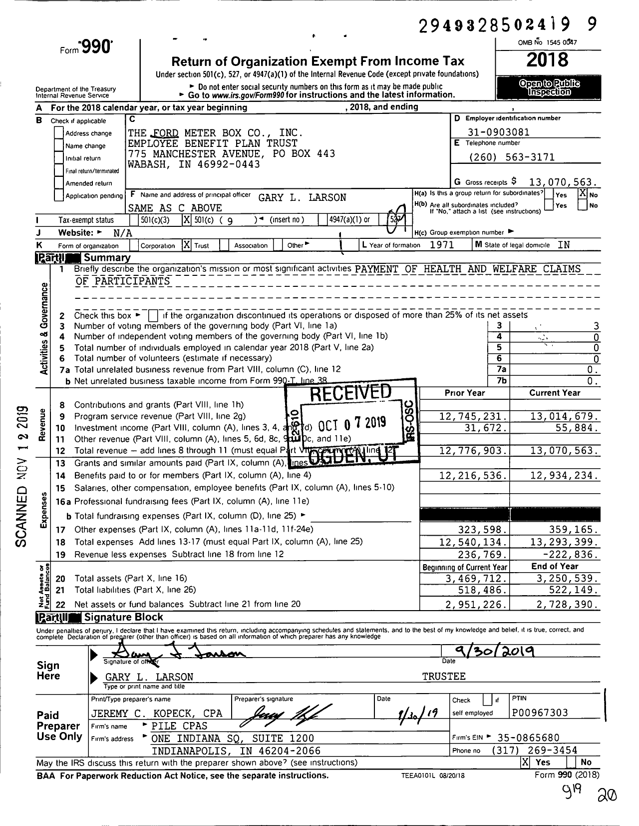 Image of first page of 2018 Form 990O for The Ford Meter Box Employee Benefit Plan Trust