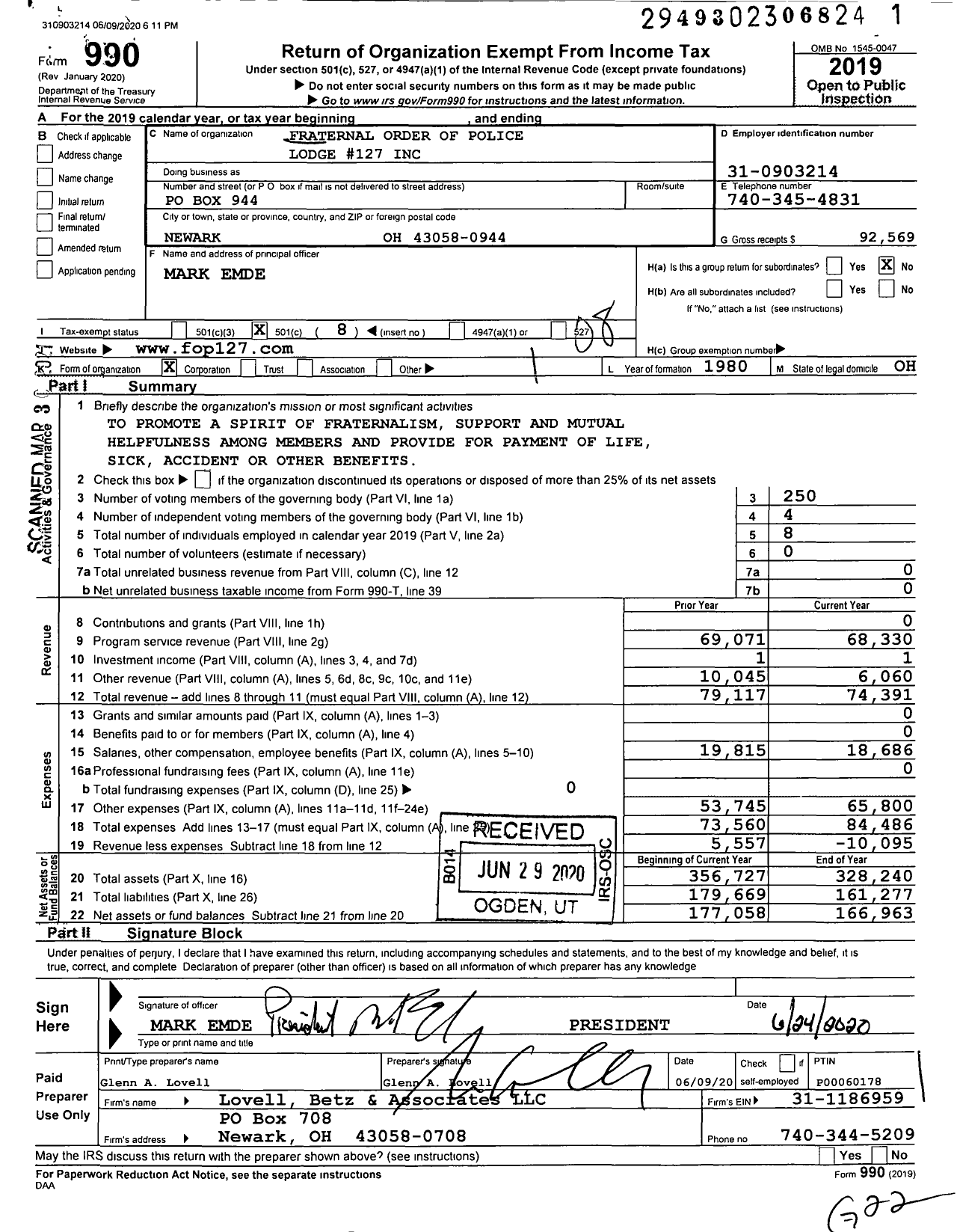 Image of first page of 2019 Form 990O for Fraternal Order of Police - 127 Licking County Lodge