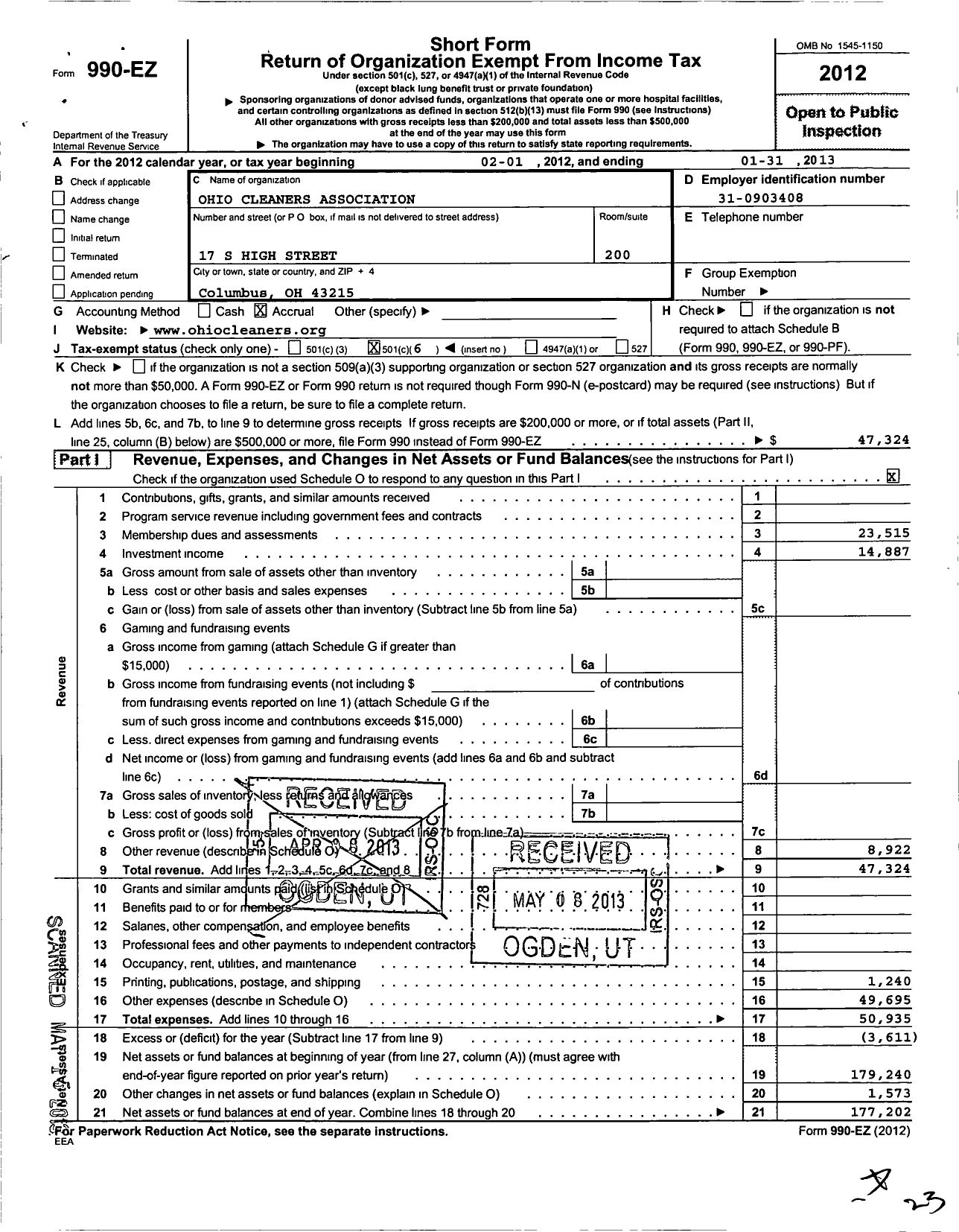 Image of first page of 2012 Form 990EO for Ohio Cleaners Association and Automatic Laundry and Cleaning Council