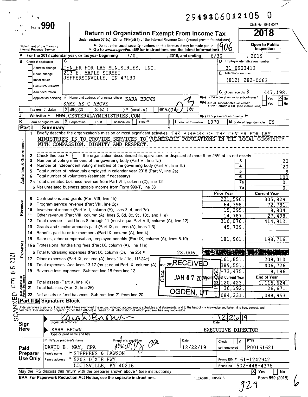 Image of first page of 2018 Form 990 for Center for Lay Ministries