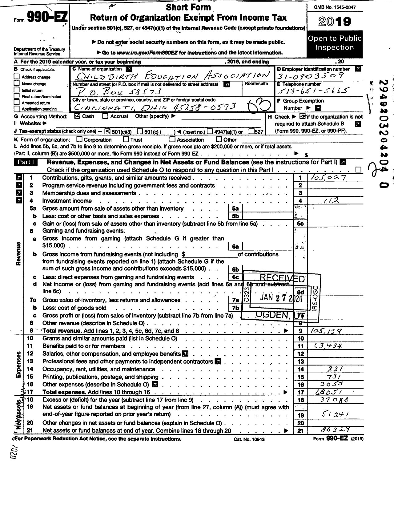 Image of first page of 2019 Form 990EZ for Childbirth Education Association