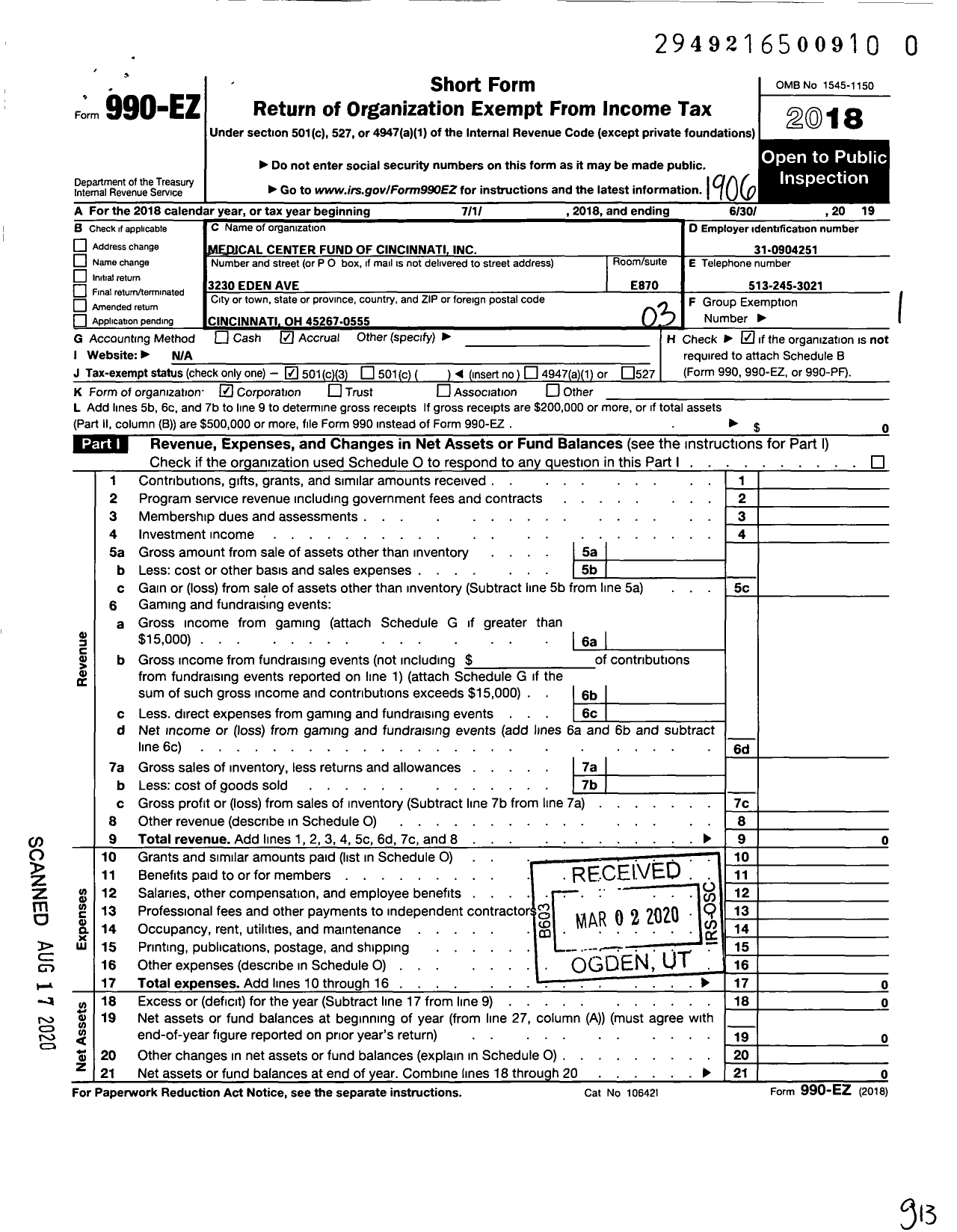 Image of first page of 2018 Form 990EZ for Medical Center Fund of Cincinnati